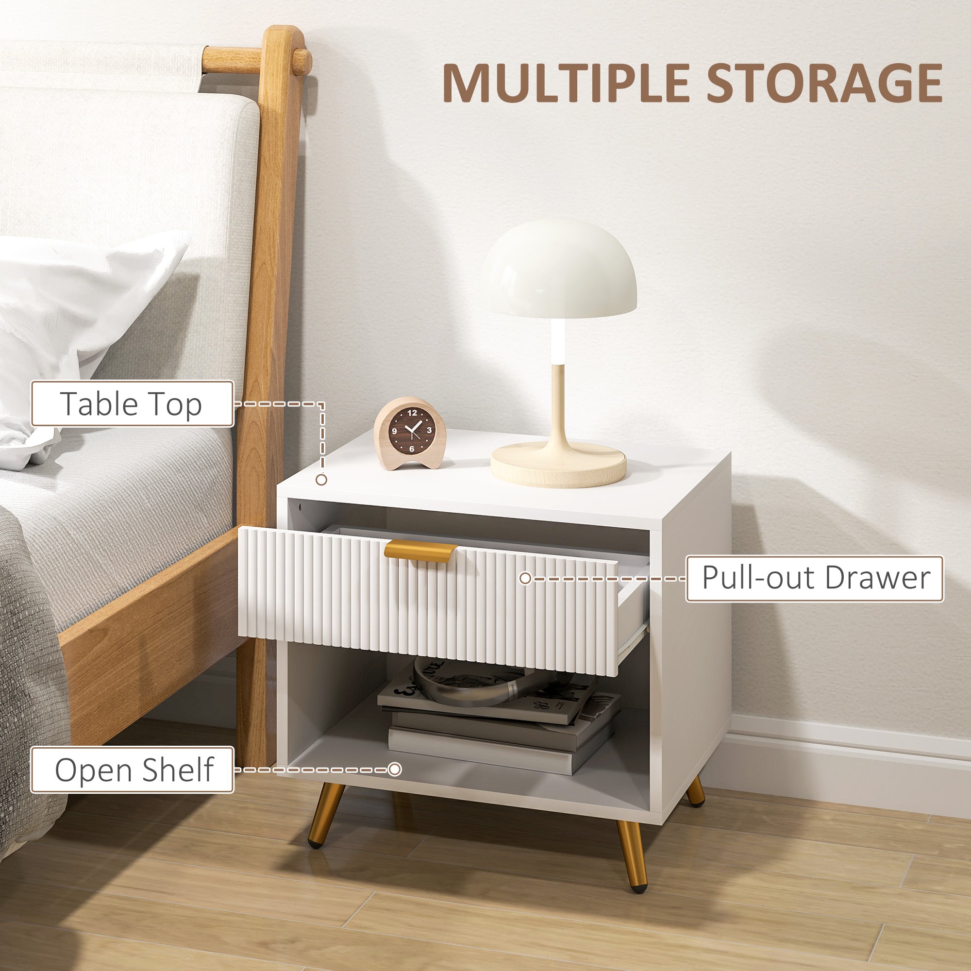 Nightstand with Fluted Panel, Bedside Table with Drawer and Open Compartment, Modern Night Table for Bedroom, White Bedside Tables at Gallery Canada