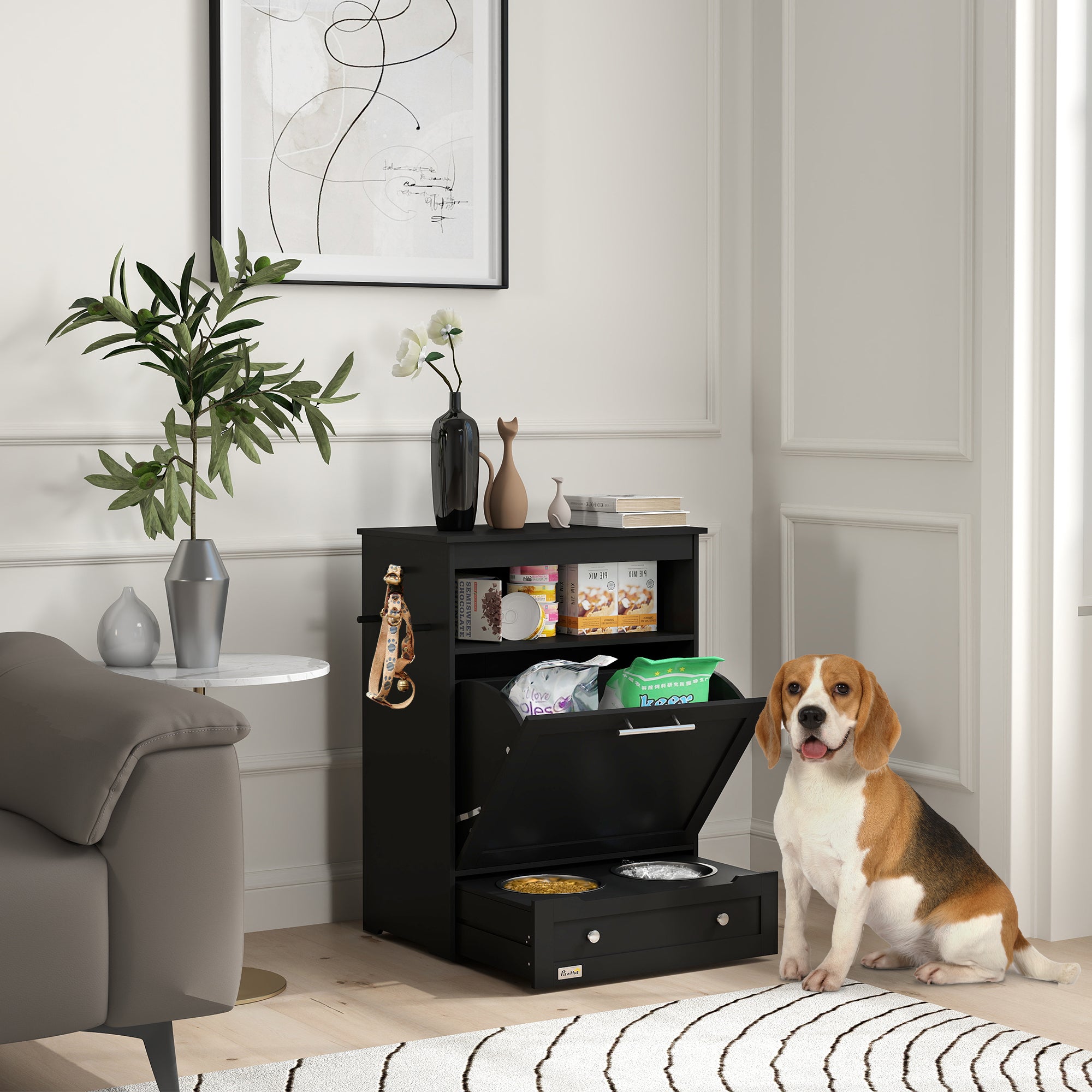 Pet Feeder Station Storage Cabinet, Dog Food Storage Container with Dog Raised Bowls, Watering Supplies, Black Dog Bowls at Gallery Canada