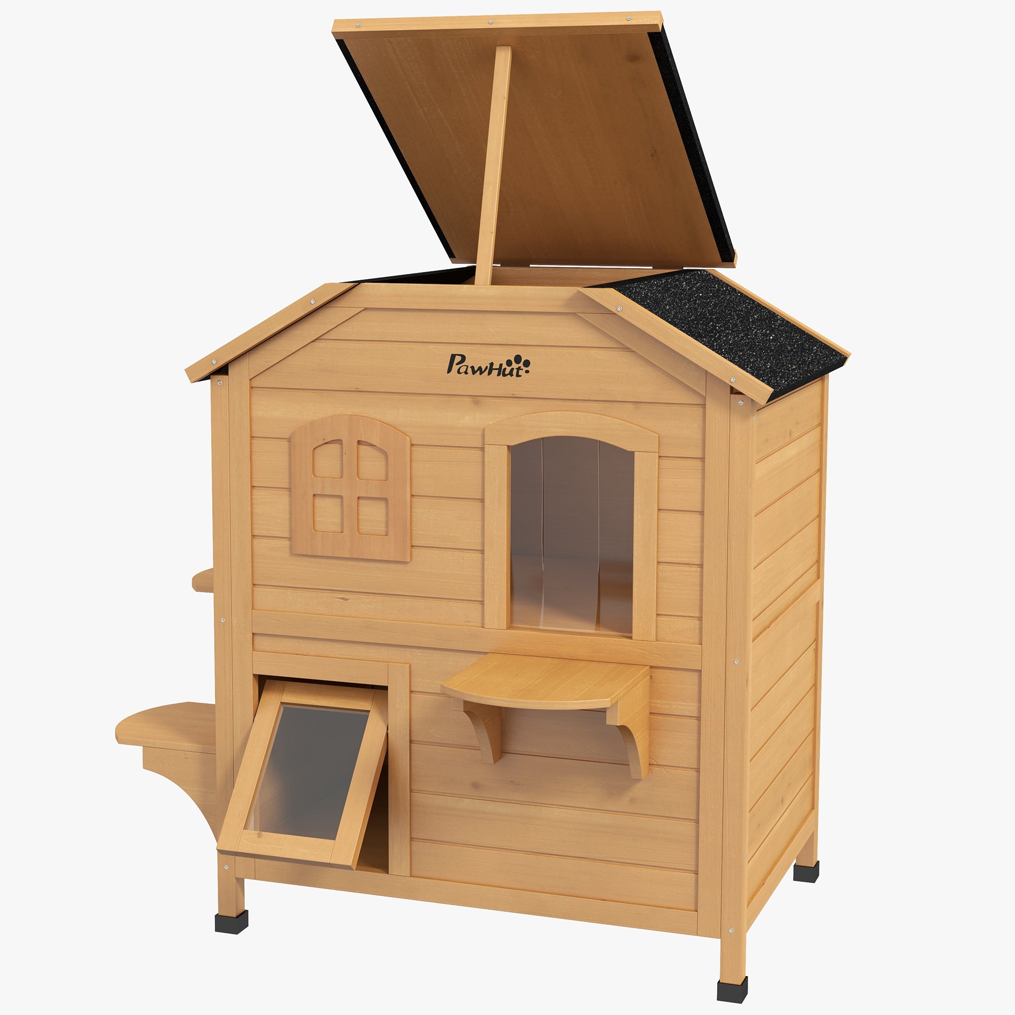 2-Storey Outdoor Cat House, Wooden Catio with Openable Roof, Lounge Space, Fun Entrances, for Feral Cats, Yellow Cat Houses at Gallery Canada