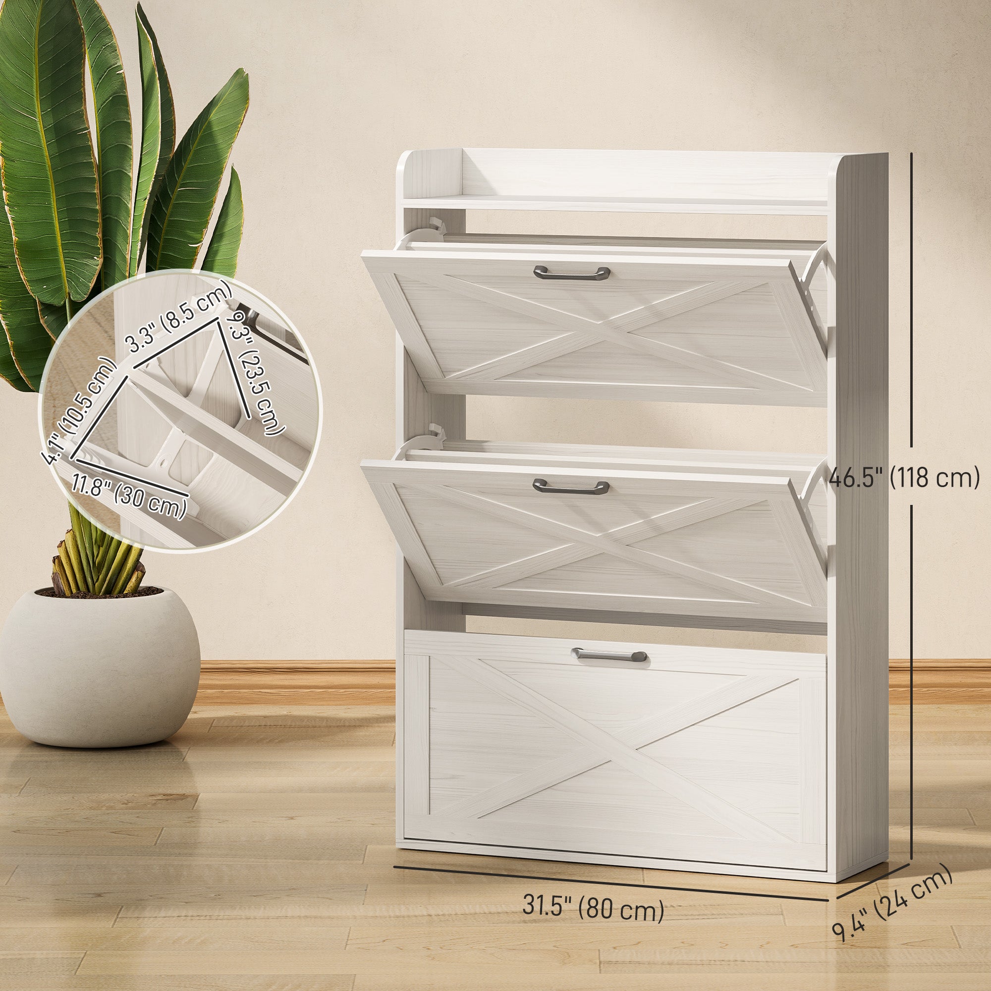 Narrow Shoe Storage Cabinet Farmhouse Shoe Cabinet with 3 Flip Drawers Adjustable Shelves for Entryway White Oak Shoe Storage Cabinets & Racks at Gallery Canada