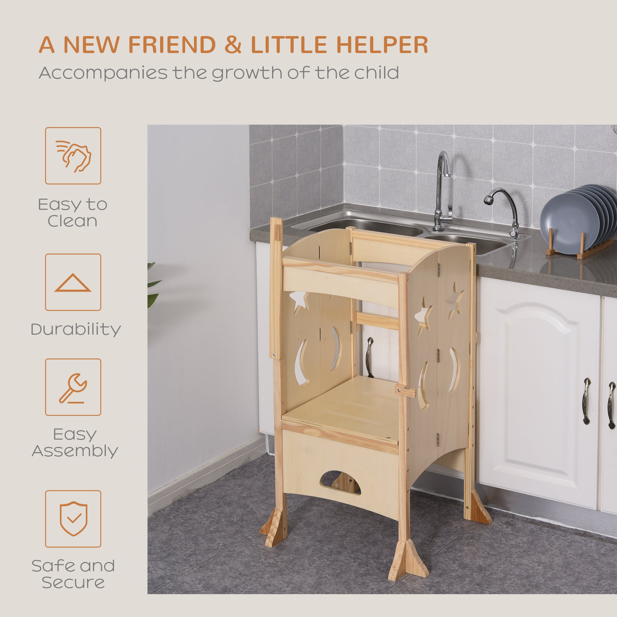Folding Toddler Tower, Kitchen Helper Step Stool with Support Handles, Safety Rail and Non-Slip Strips, for Kids Washroom Dining Room Learning, Natural Toddler & Kids Step Stools at Gallery Canada