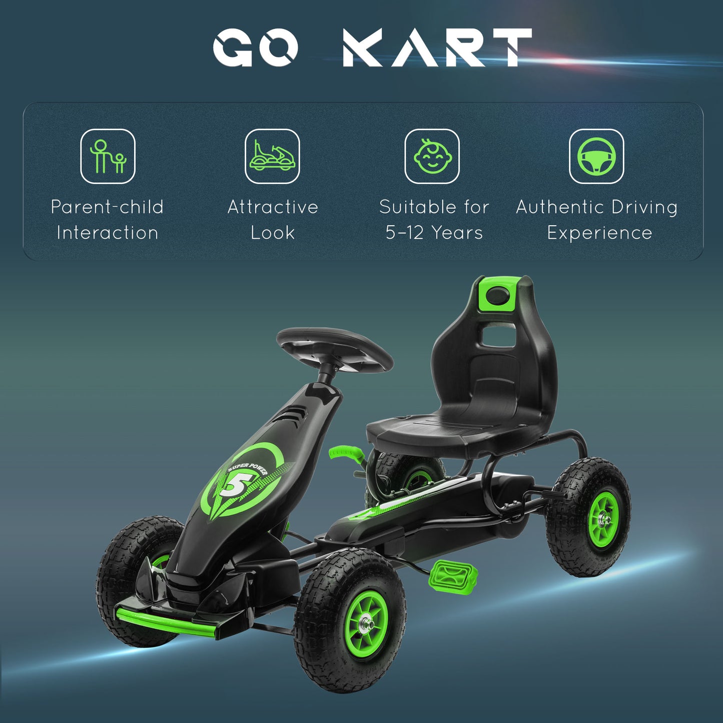 Pedal Go Kart w/ Adjustable Seat, Rubber Wheels Shock Absorb, Green Pedal Go Karts for Kids   at Gallery Canada