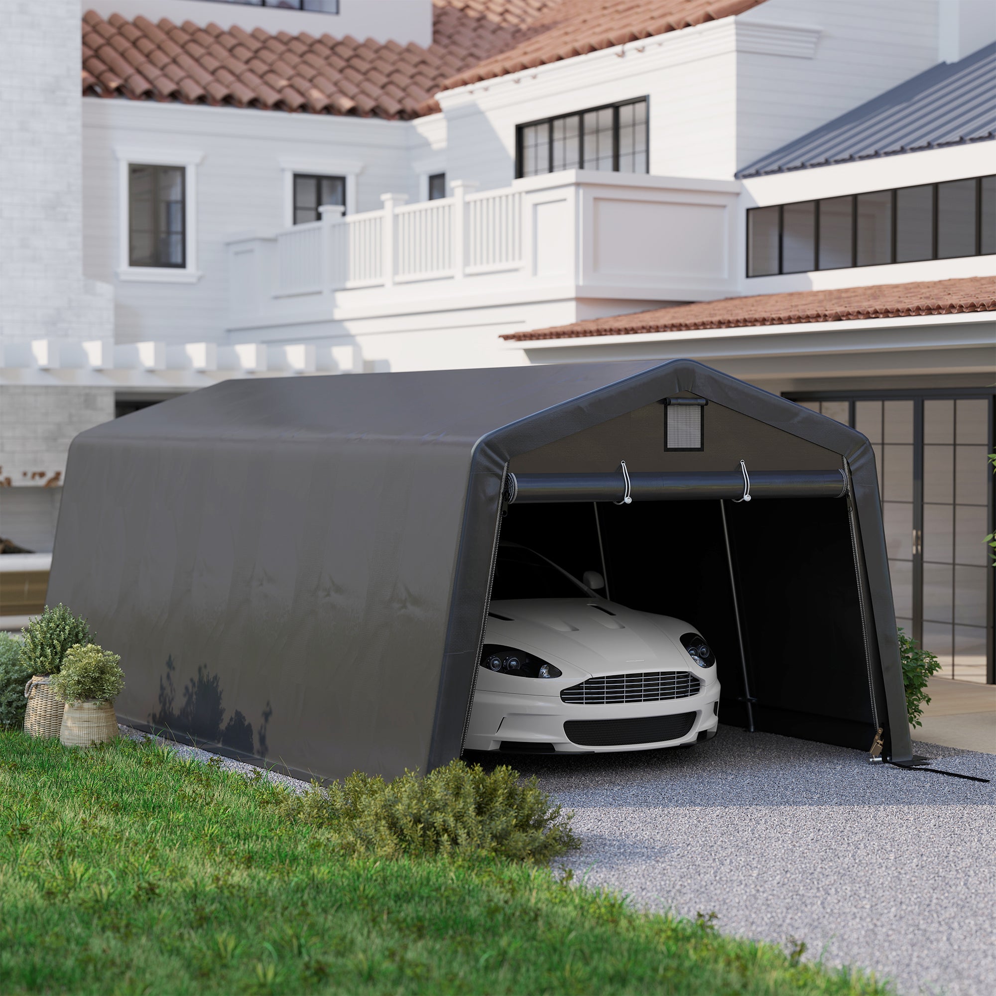 11' x 20' Portable Garage, Heavy Duty Carport Canopy with Ventilation Windows and Large Roll-up Door, Dark Grey Car Shelters at Gallery Canada