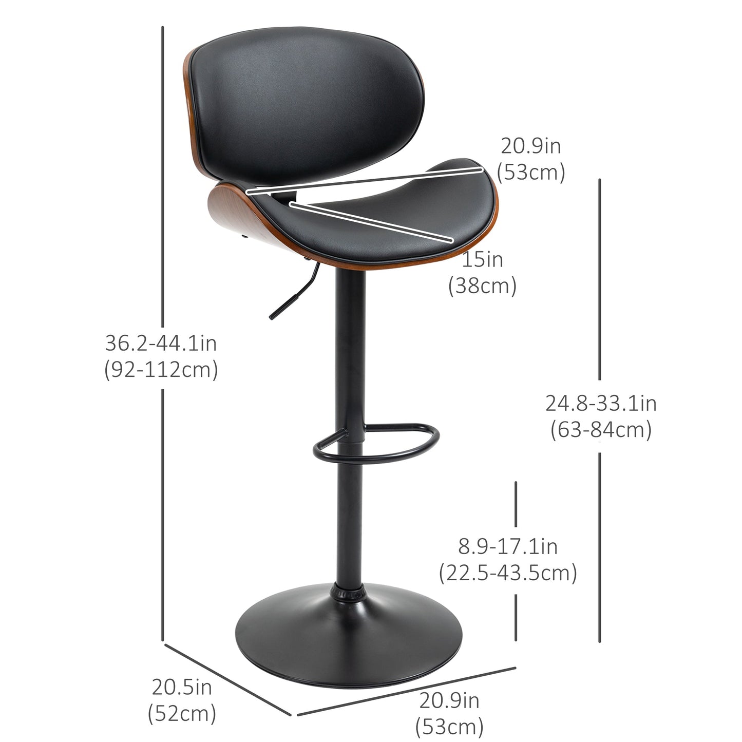 Bar Stools Set of 2, Modern PU Leather Adjustable Swivel Barstools with Curved Back, Footrest and Steel Base, Black Bar Stools Black  at Gallery Canada