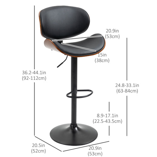 Bar Stools Set of 2, Modern PU Leather Adjustable Swivel Barstools with Curved Back, Footrest and Steel Base, Black