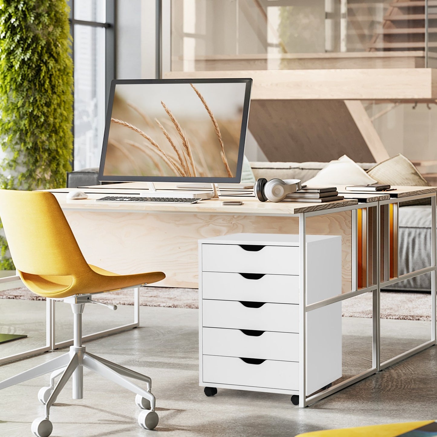 5 Drawer Mobile Lateral Filing Storage Home Office Floor Cabinet with Wheels, White File Cabinets   at Gallery Canada