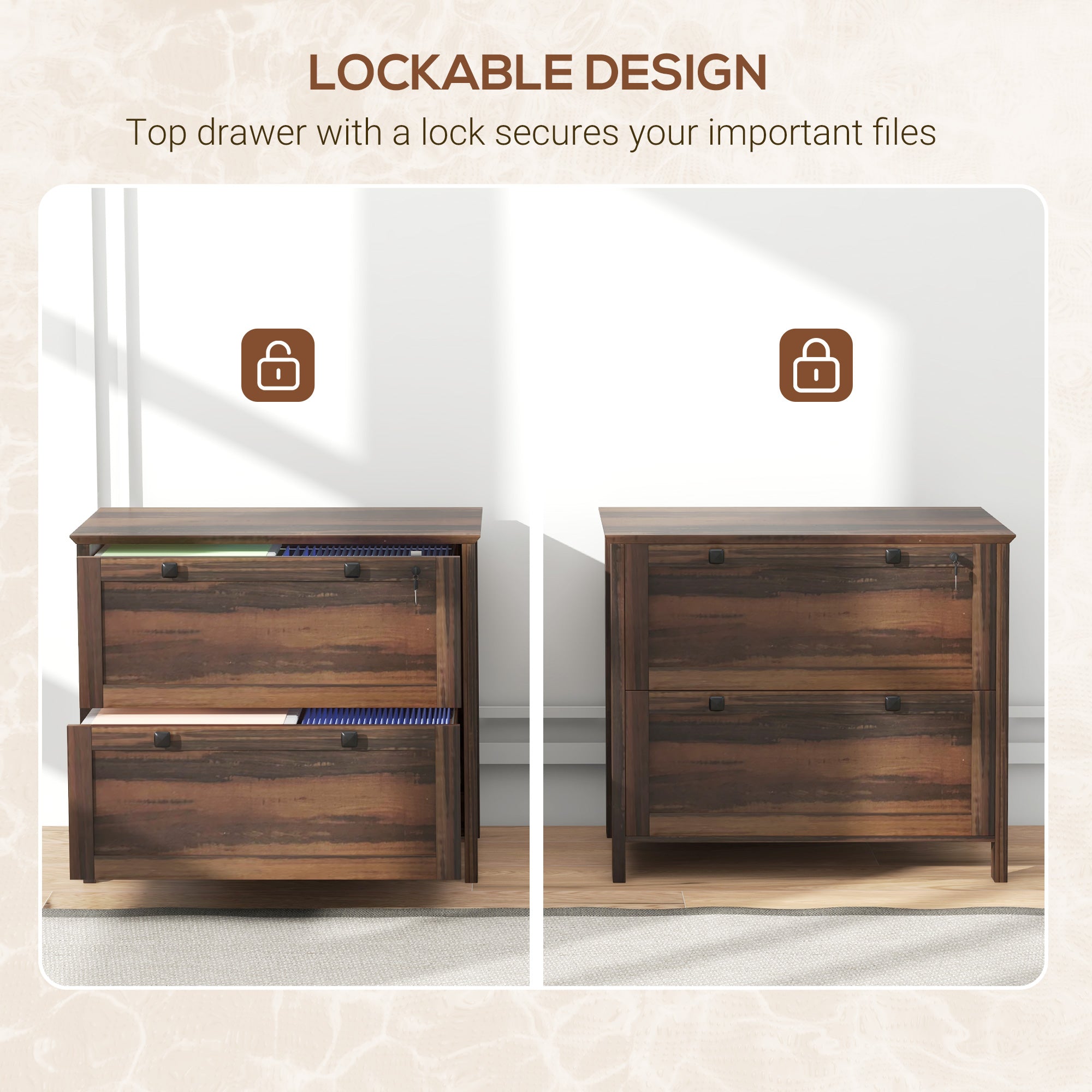 2 Drawer File Cabinet, Lockable Filing Cabinet with Adjustable Hanging Bar for Letter, A4 and Legal Size, Brown Office Cabinets & Cupboards at Gallery Canada