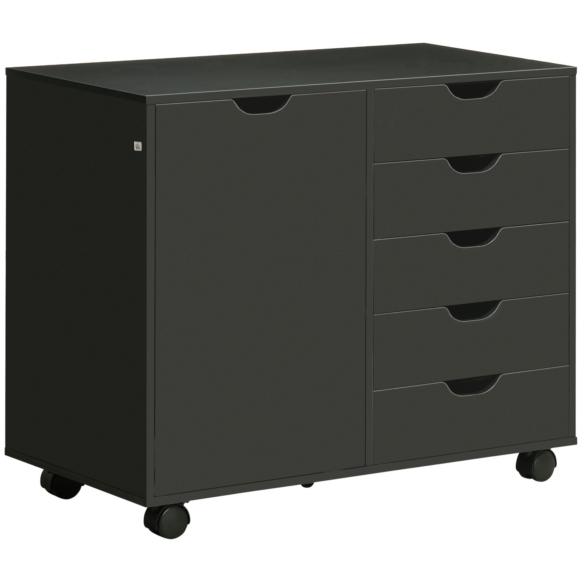Lateral Filing Cabinet, 5-Drawers File Cabinet with Door and Adjustable Shelf, Mobile Office Storage Cabinet on Wheels, Printer Stand for Home Office, Black Storage Cabinets Black at Gallery Canada