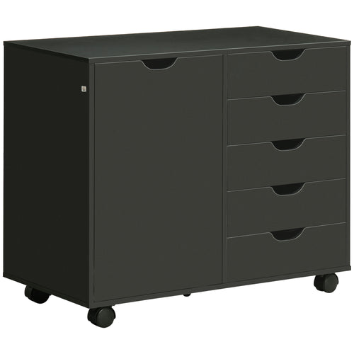 Lateral Filing Cabinet, 5-Drawers File Cabinet with Door and Adjustable Shelf, Mobile Office Storage Cabinet on Wheels, Printer Stand for Home Office, Black