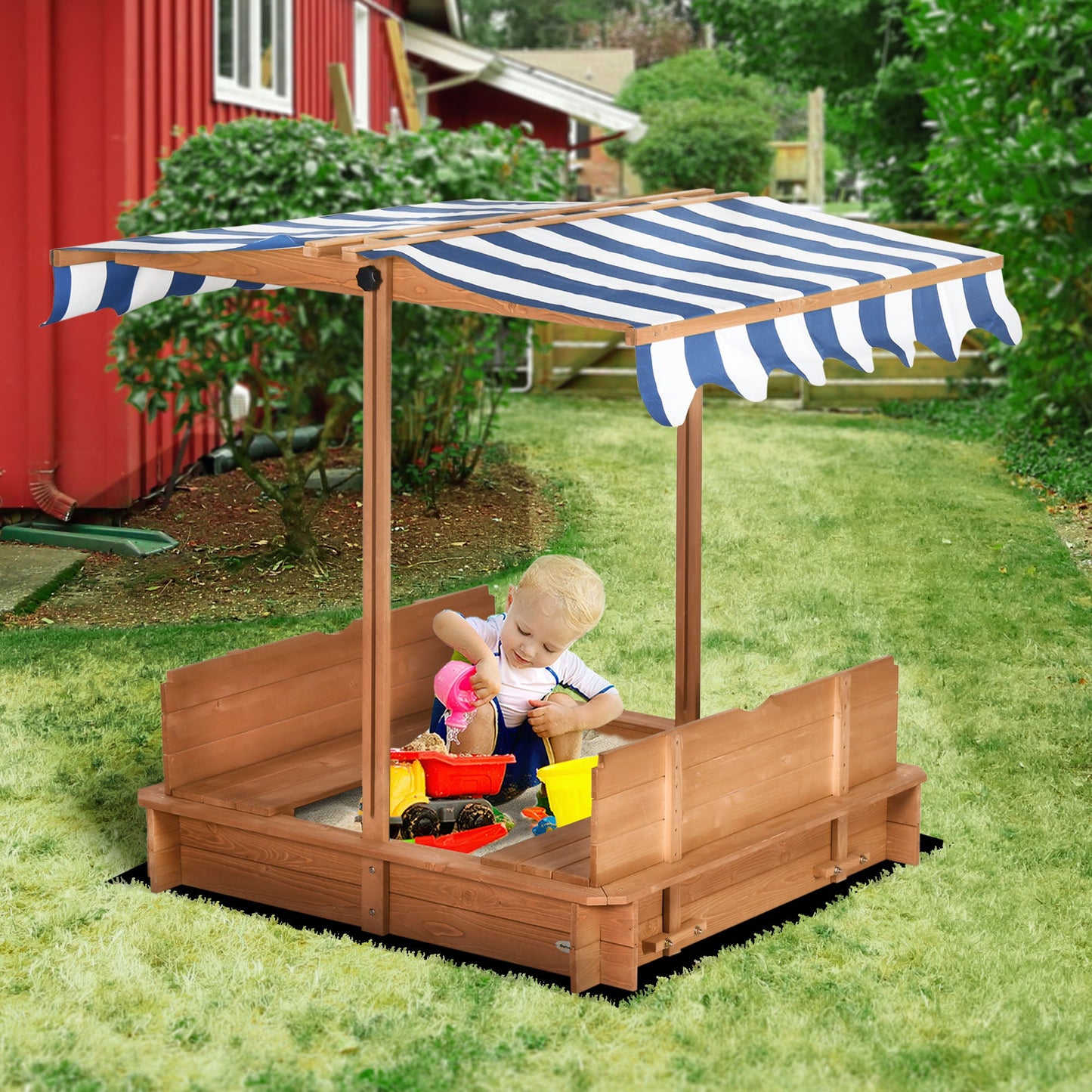 Wooden Kids Sandbox with Cover, Sand Play Station with Foldable Bench Seats and Adjustable Canopy, Red Sandboxes & Accessories   at Gallery Canada