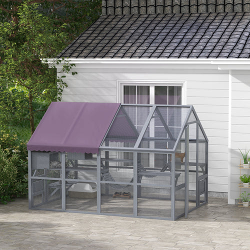 Outdoor Cat Enclosure Wooden Feral Cat House w/ Weatherproof Canopy, Bridges, Resting Boxes, Platforms, for 3-6 Cats