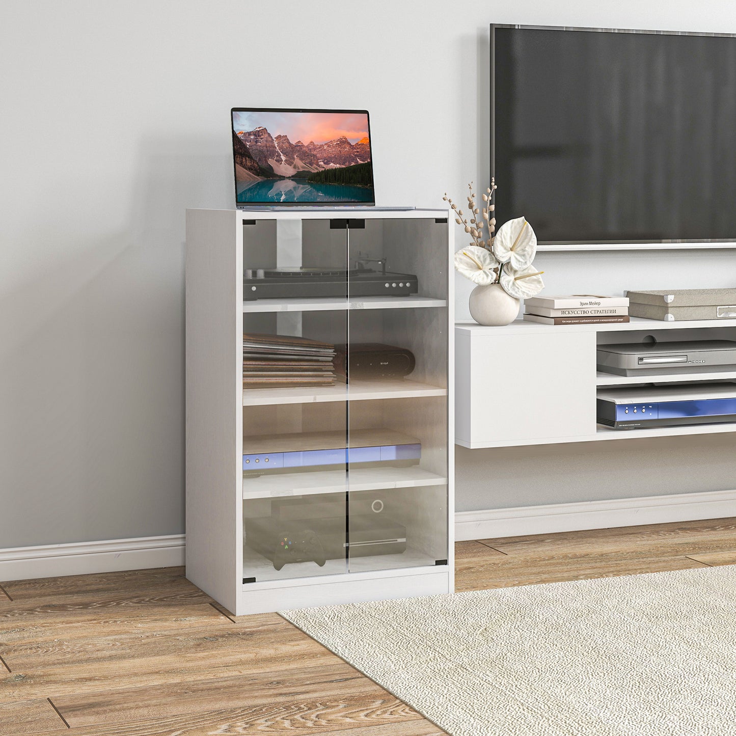 5-Tier Media Cabinet, Media Stand with Adjustable Shelves, Tempered Glass Doors, and Cable Management, Distressed White Storage Cabinets Distressed White  at Gallery Canada