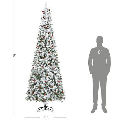 9-foot Pencil Snow Flocked Artificial Christmas Tree with 1350 Pine Realistic Branches, Pine Cones, Red Berries, Auto Open, Green Pencil Christmas Trees   at Gallery Canada