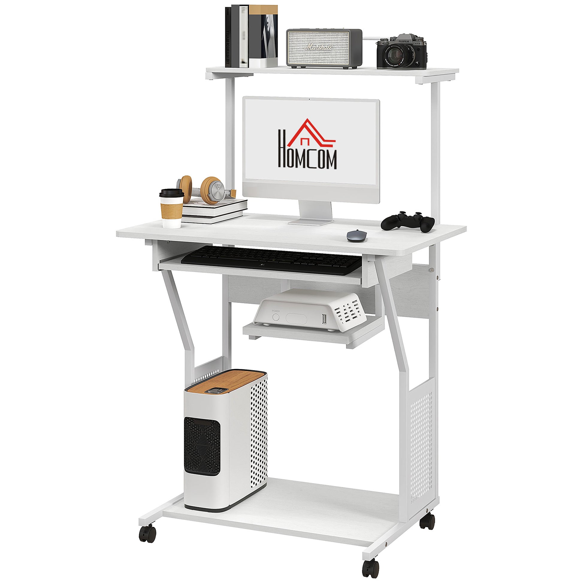 32" Mobile Computer Table, Rolling Study Desk for Home Office with Keyboard Tray, Storage Shelves, Wheels, White Computer Desks   at Gallery Canada