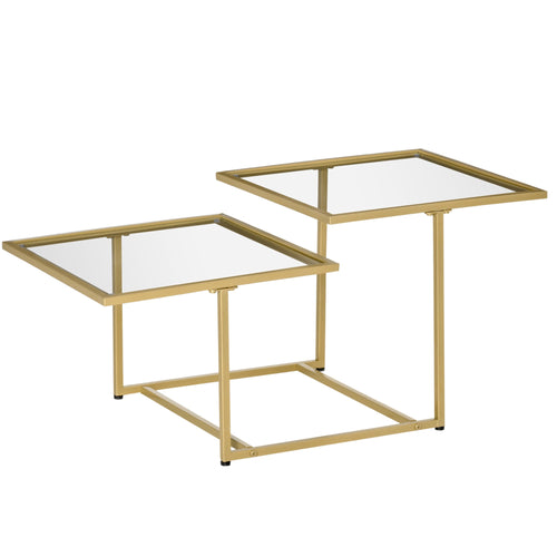 Contemporary Coffee Tables with Double Tempered Glass Tabletops, Golden Side Table with Metal Base Adjustable Foot for Living Room, Bedroom