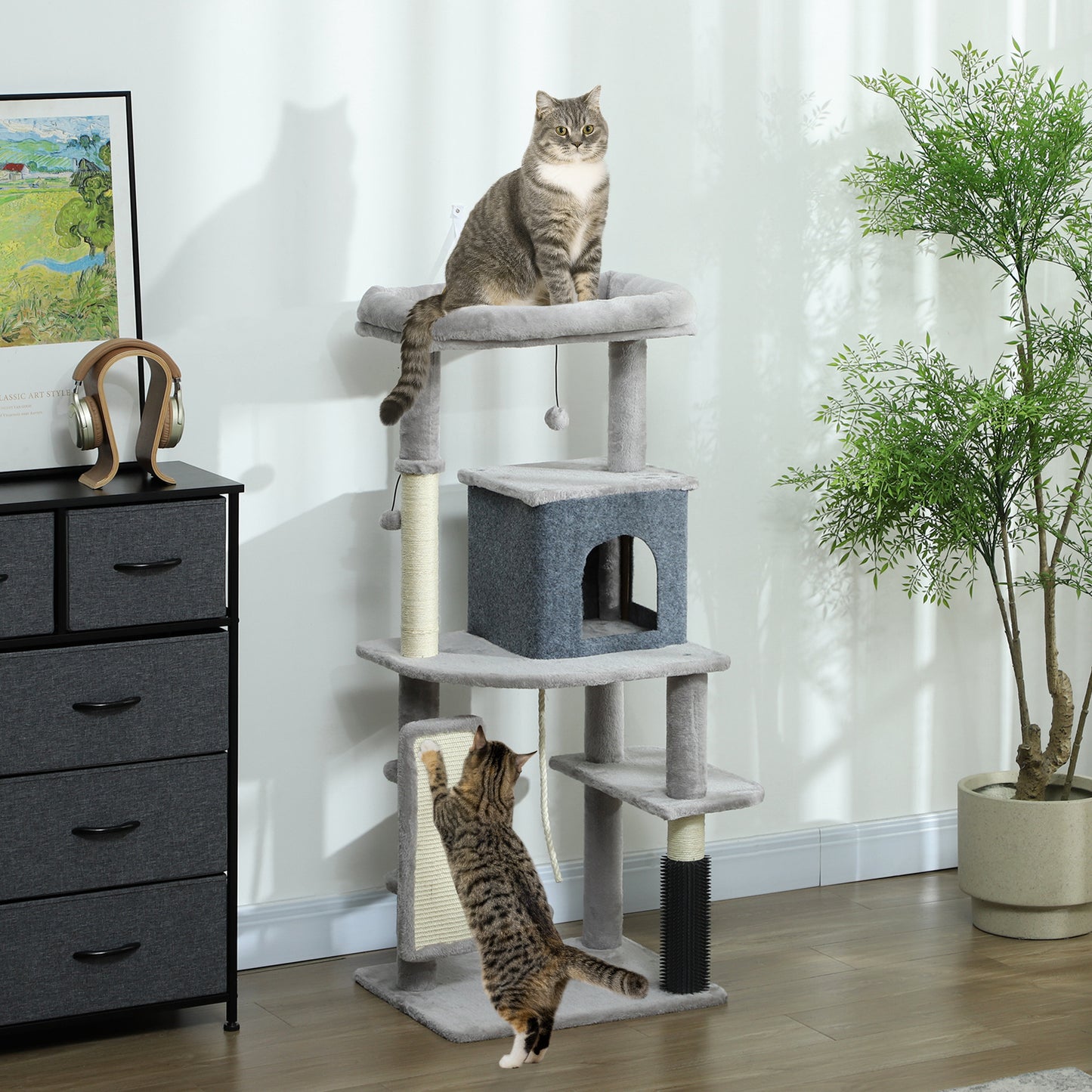 52 Inch Cat Tree with Scratching Posts, Cat Bed, Condo, Grooming Brush, Jumping Platforms, Toy Balls, Anti-tip Kit Cat Trees at Gallery Canada