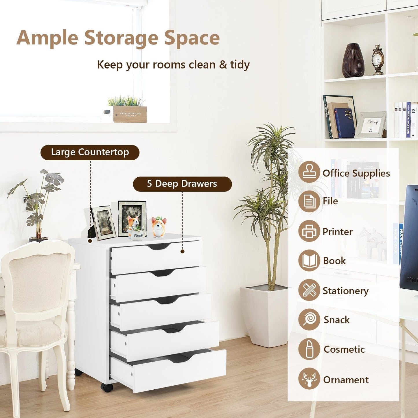 5 Drawer Mobile Lateral Filing Storage Home Office Floor Cabinet with Wheels, White File Cabinets   at Gallery Canada