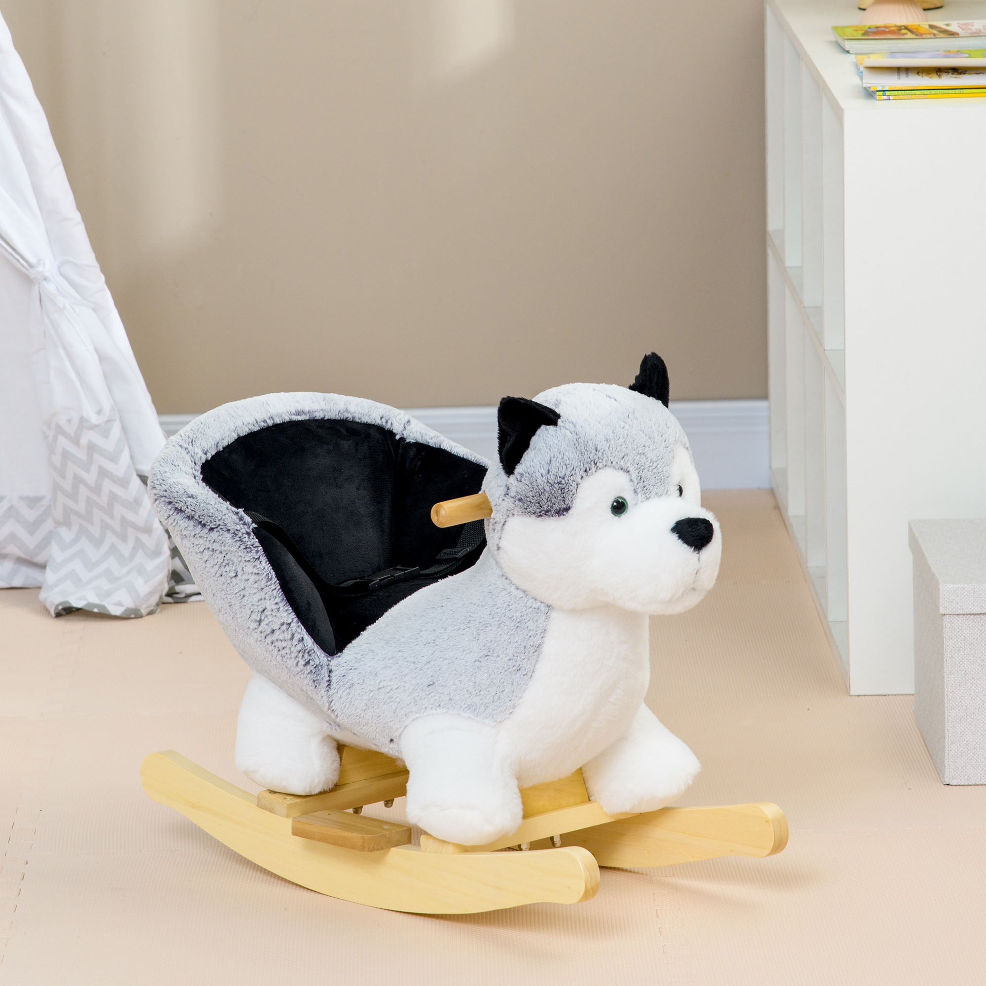 Kids Rocking Horse, Baby Rocker Chair Husky-Shaped Plush Ride on Toy with Realistic Sounds, Wooden Base, Seat Belt, for Children 18-36 Months, Grey Rocking Horses at Gallery Canada
