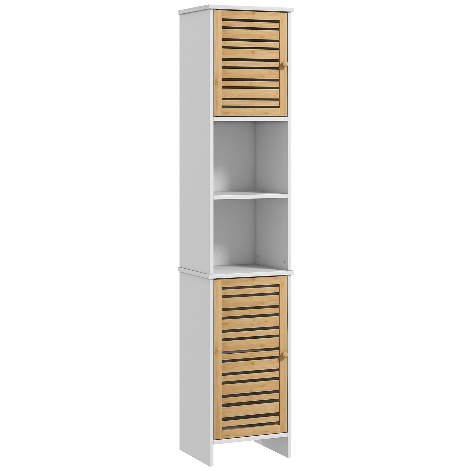 Tall Bathroom Cabinet with Bamboo Doors, Bathroom Storage Cabinet with Adjustable Shelves and Open Compartments, White Bathroom Cabinets   at Gallery Canada