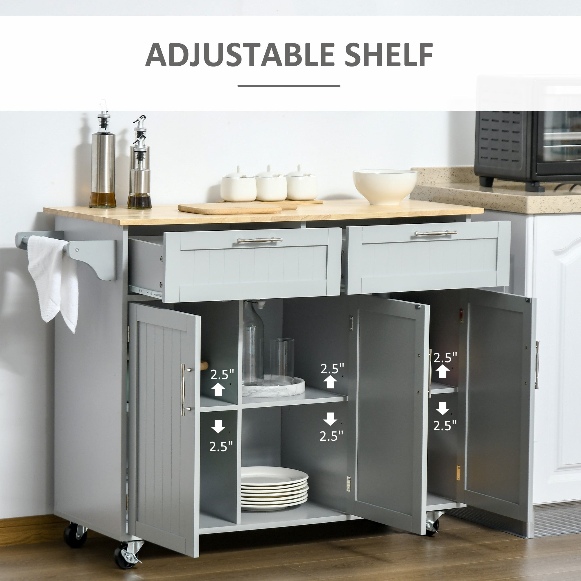 Rolling Kitchen Island, Kitchen Cart on Wheels with 2 Storage Drawers and Cabinets for Dining Room, Grey Kitchen Islands & Kitchen Carts   at Gallery Canada