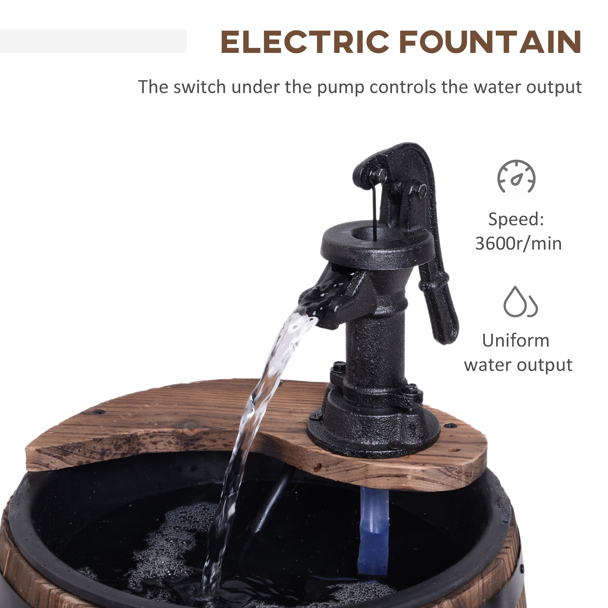 Wooden Outdoor Fountain, Electrical Barrel Waterfall with 3600r/min Speed Pump for Patio, Backyard, Carbonized Water Fountains at Gallery Canada