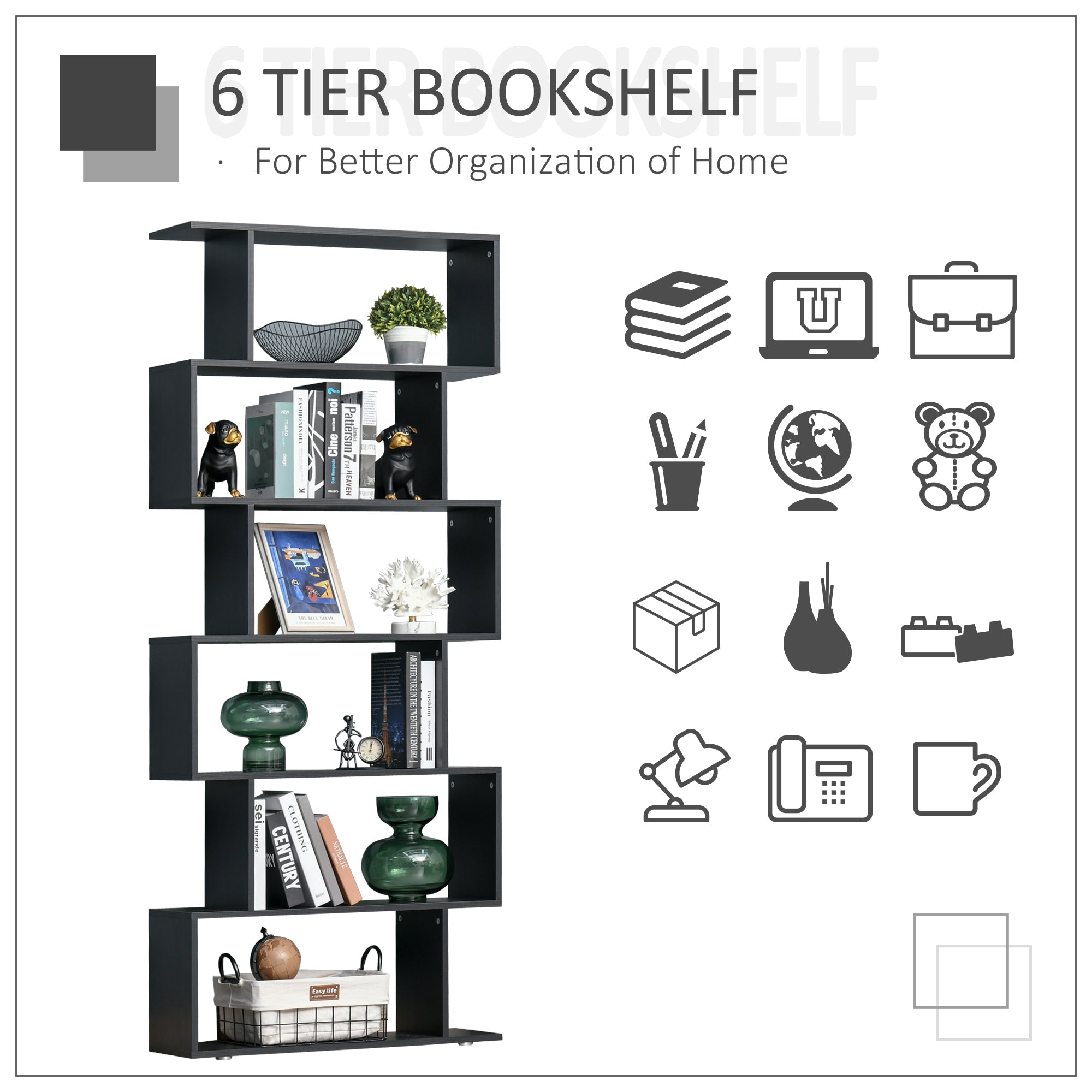 Wooden S Shape Bookcase 6 Shelves Storage Display Home Office Furniture Display Bookshelves   at Gallery Canada