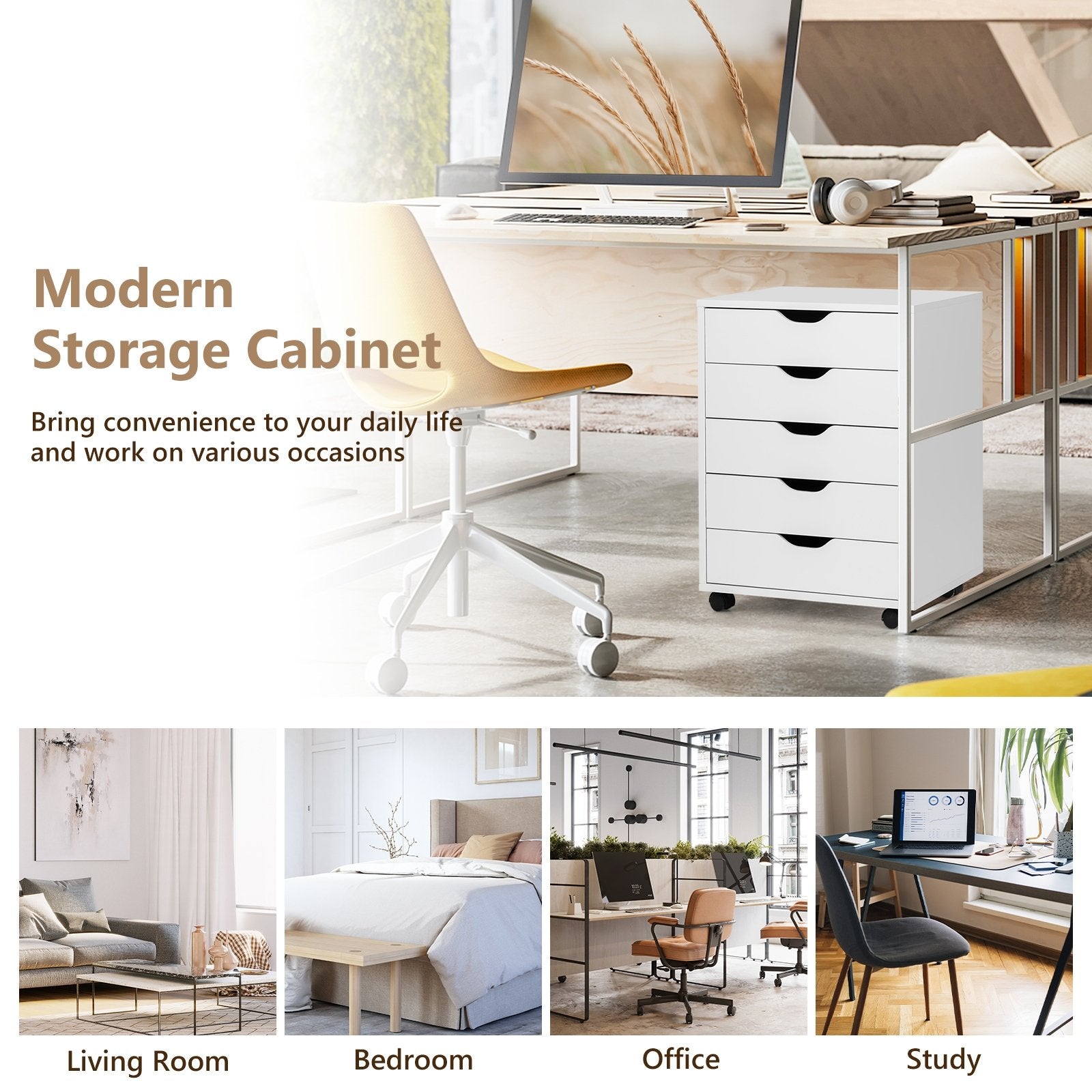 5 Drawer Mobile Lateral Filing Storage Home Office Floor Cabinet with Wheels, White File Cabinets   at Gallery Canada