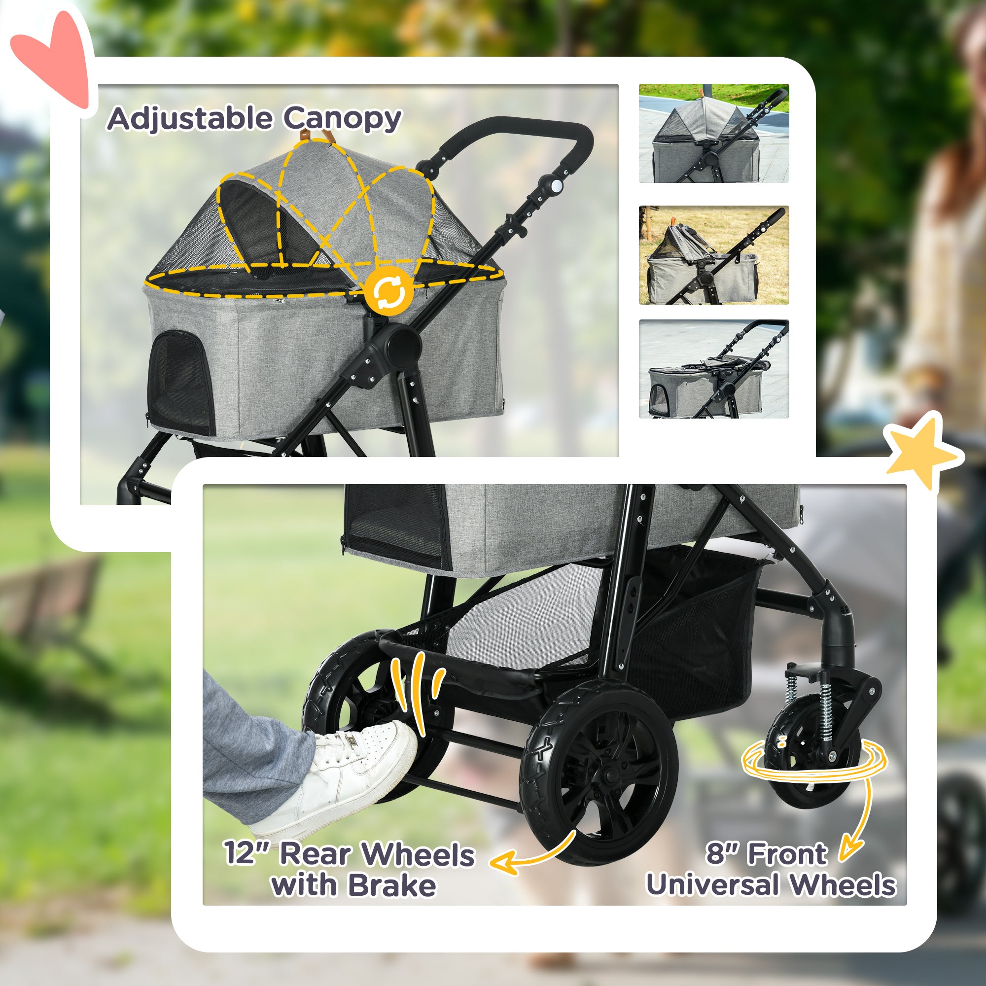 2 in 1 Dog Stroller with Detachable Carriage Bag, Adjustable Canopy, Safety Leashes, Storage Basket for S Dogs, Grey Dog Bike Trailers & Strollers at Gallery Canada