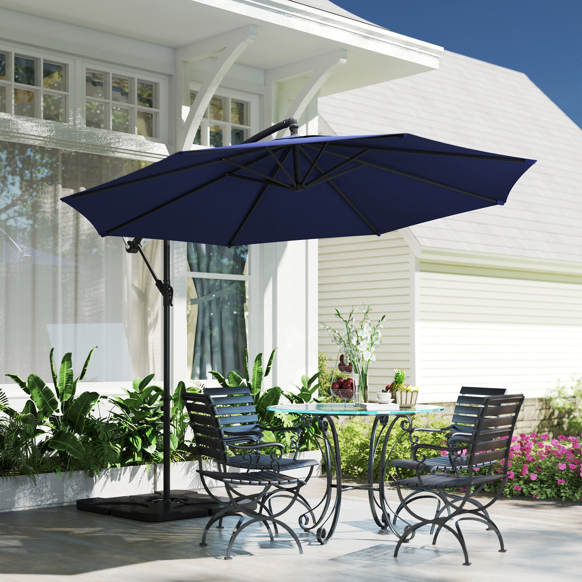 9.6ft Offset Patio Umbrella Garden Hanging Parasol Banana Cantilever Umbrella with Base, Crank, Navy Blue Offset Cantilever Umbrellas at Gallery Canada