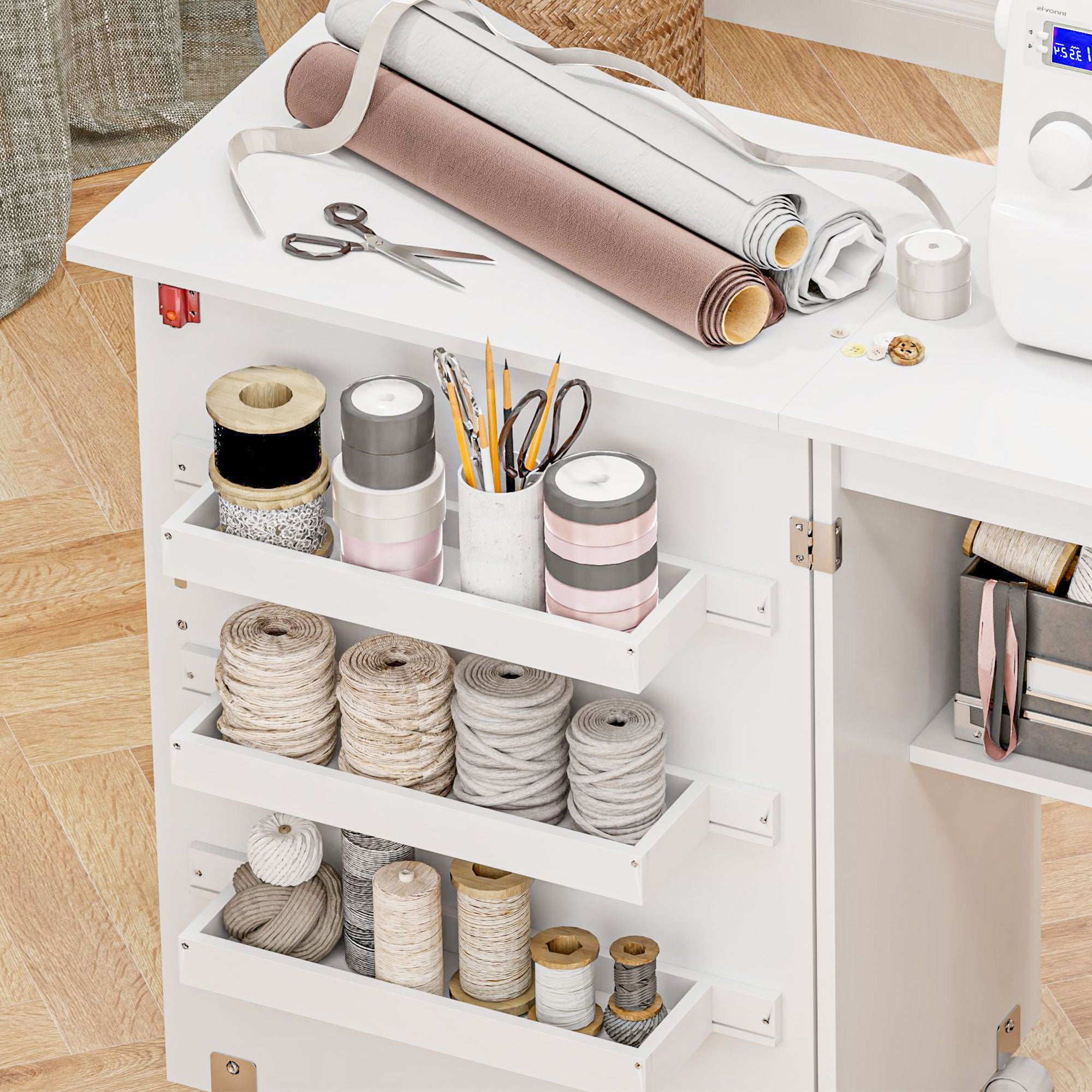 Sewing Machine Cabinet, Folding Sewing Table with Storage Shelf, Bins and Lockable Wheels for Small Space, White Storage Cabinets at Gallery Canada