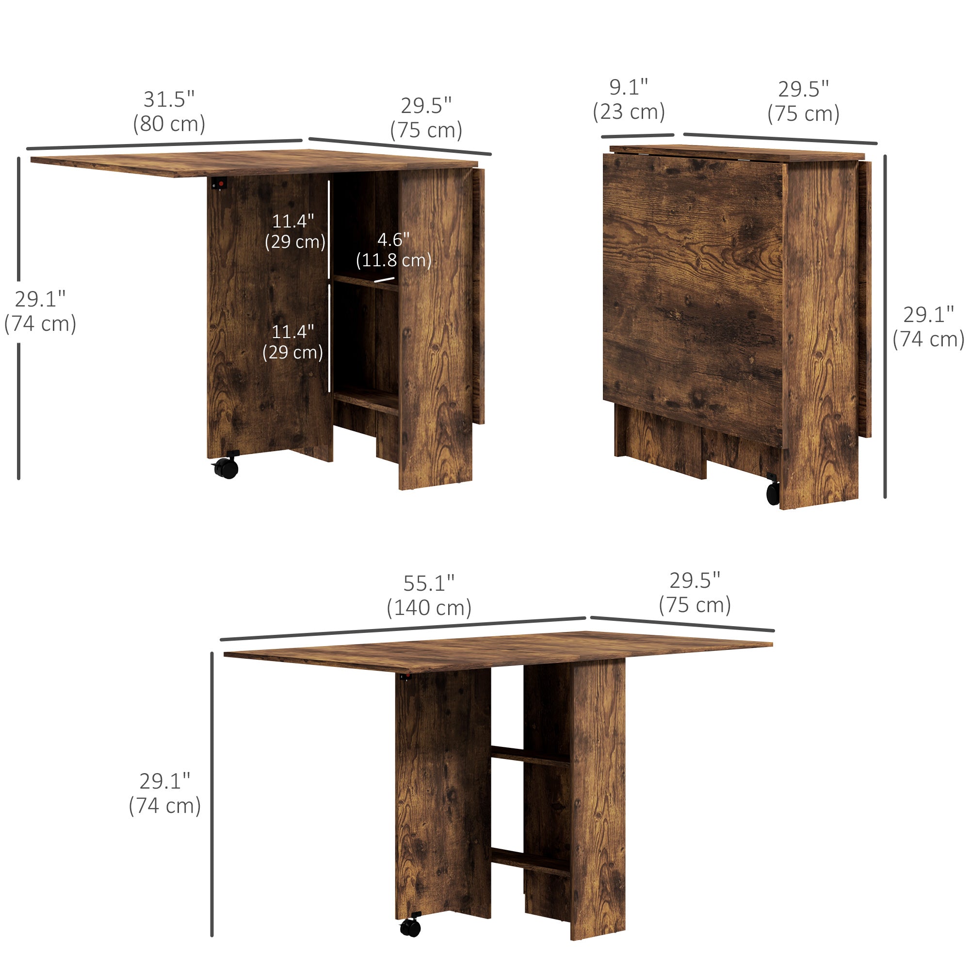 Extendable Dining Table, Collapsible Folding Table w/ 2-tier Shelves and Rolling Casters, Rustic Brown Dining Tables at Gallery Canada