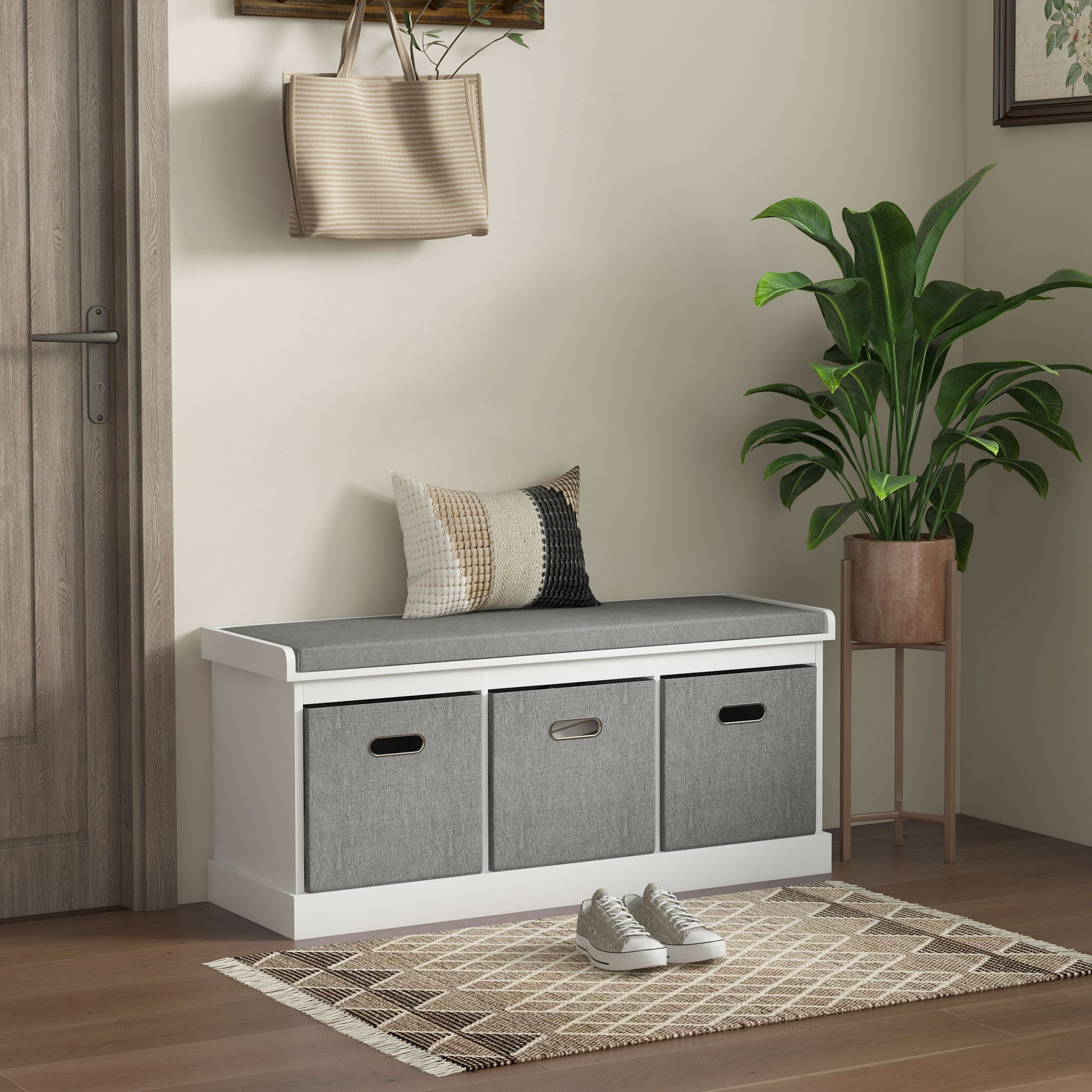 Shoe Storage Bench with Seat, Entryway Bench Seat with Cushion, 3 Fabric Drawers for Hallway, White Shoe Storage Cabinets & Racks White  at Gallery Canada