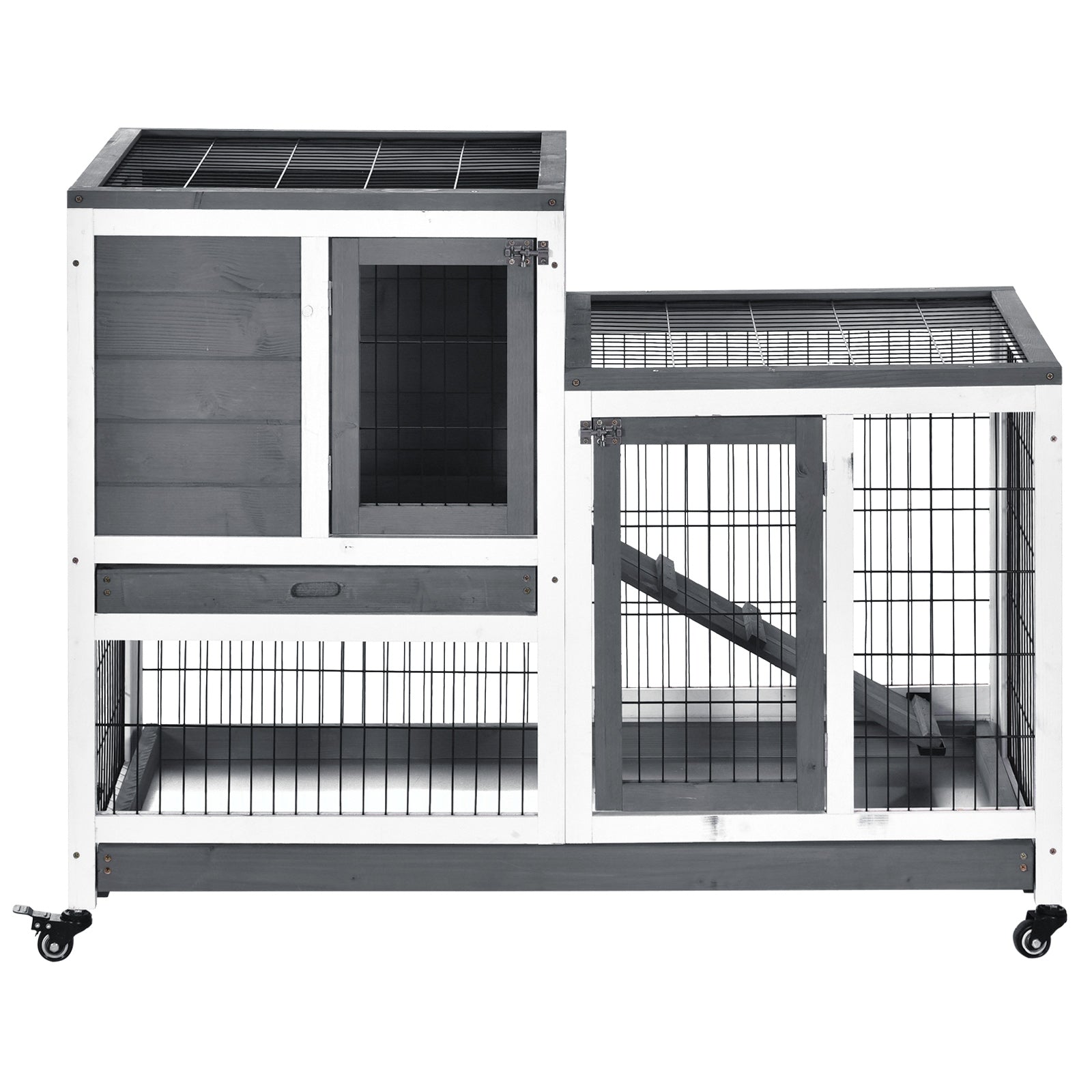 Rabbit Hutch Indoor Bunny Cage Guinea Pig House on Wheels with Run, Pull Out Trays, Grey and White Rabbit Hutch   at Gallery Canada