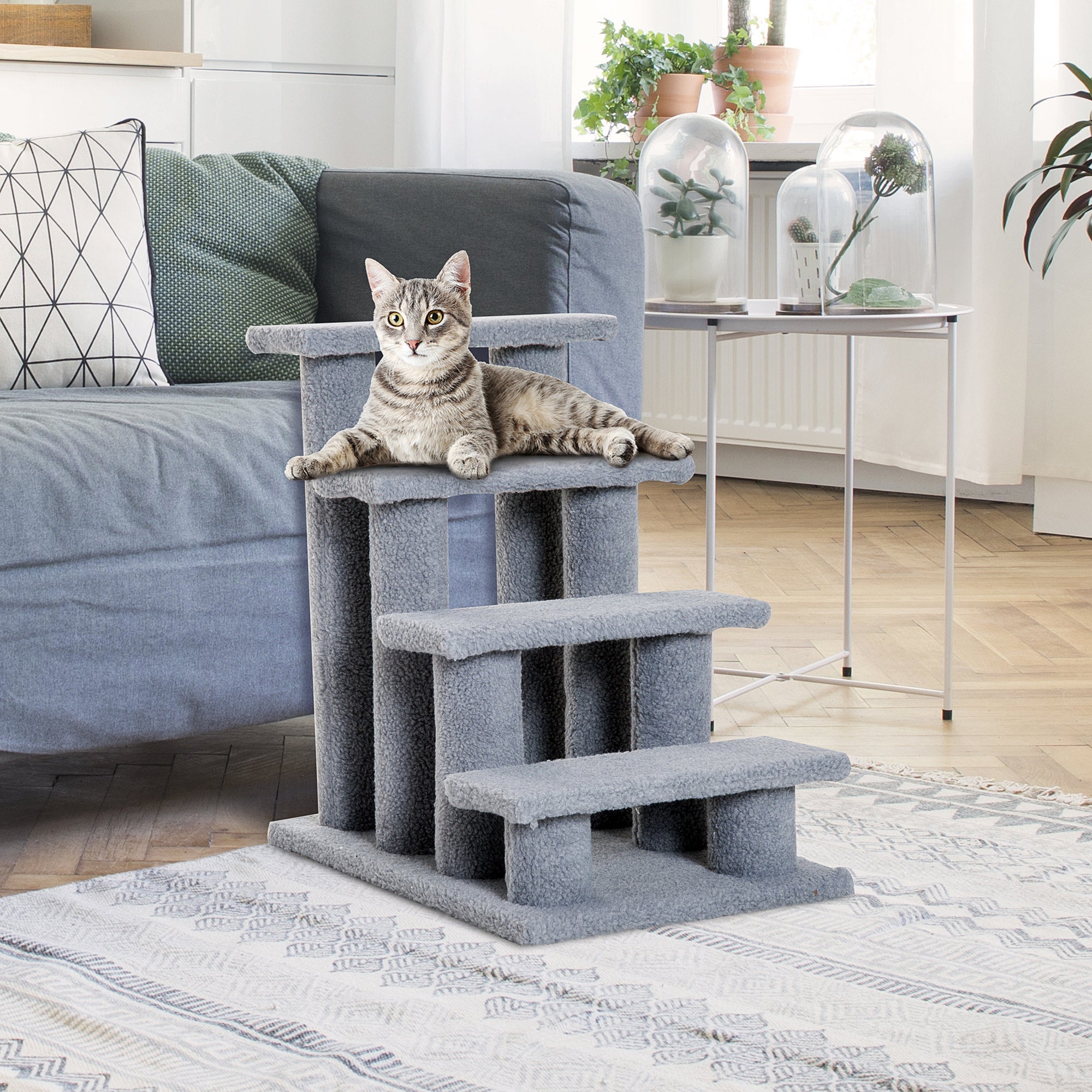 4-Step Multi-Level Carpeted Cat Scratching Post Pet Stairs, Grey Cat Stairs   at Gallery Canada