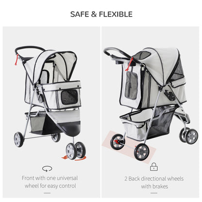 Deluxe 3 Wheels Pet Stroller Foldable Dog Cat Carrier Strolling Jogger with Brake, Canopy, Cup Holders and Bottom Storage Space (Grey) Dog Bike Trailers & Strollers   at Gallery Canada