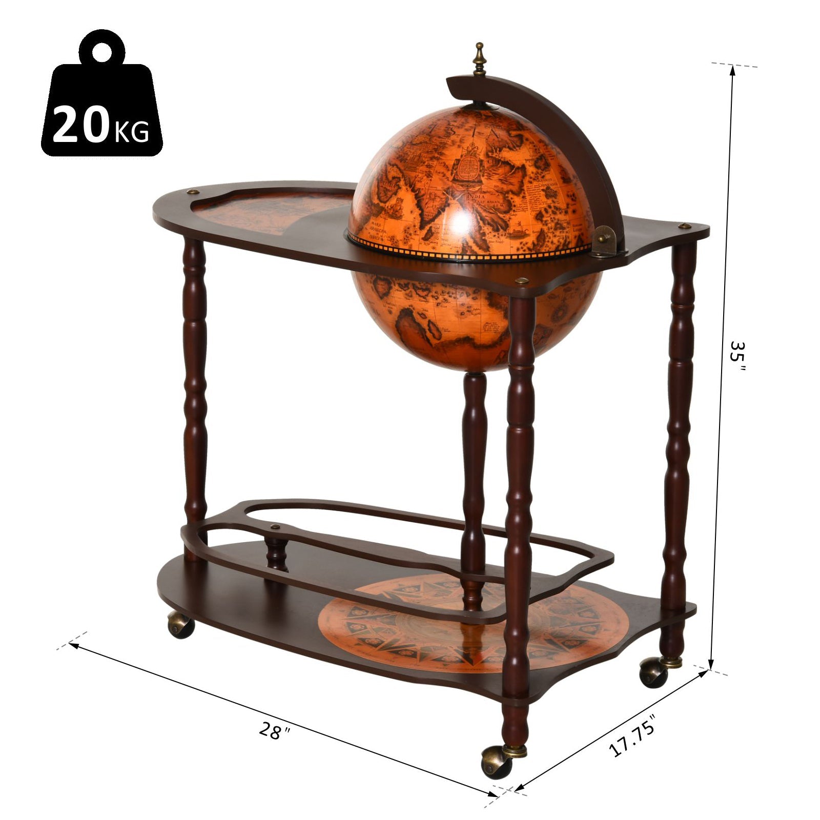 35" Wood Globe Wine Bar Stand Retro Style Rack Storage Trolley Glass Bottle Holder with Rolling Wheels Wine Racks   at Gallery Canada