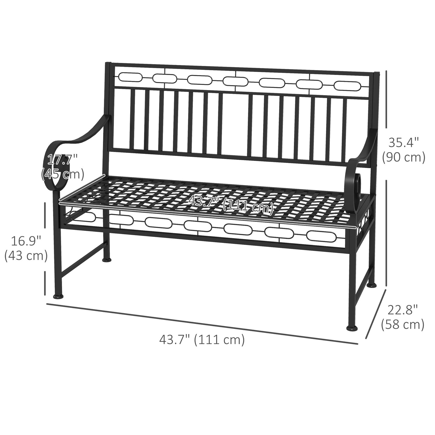 44" Metal Park Bench, 2 Seater Garden Bench with Decorative Backrest and Grid Seat for Patio, Backyard, Lawn, Black Outdoor Benches   at Gallery Canada