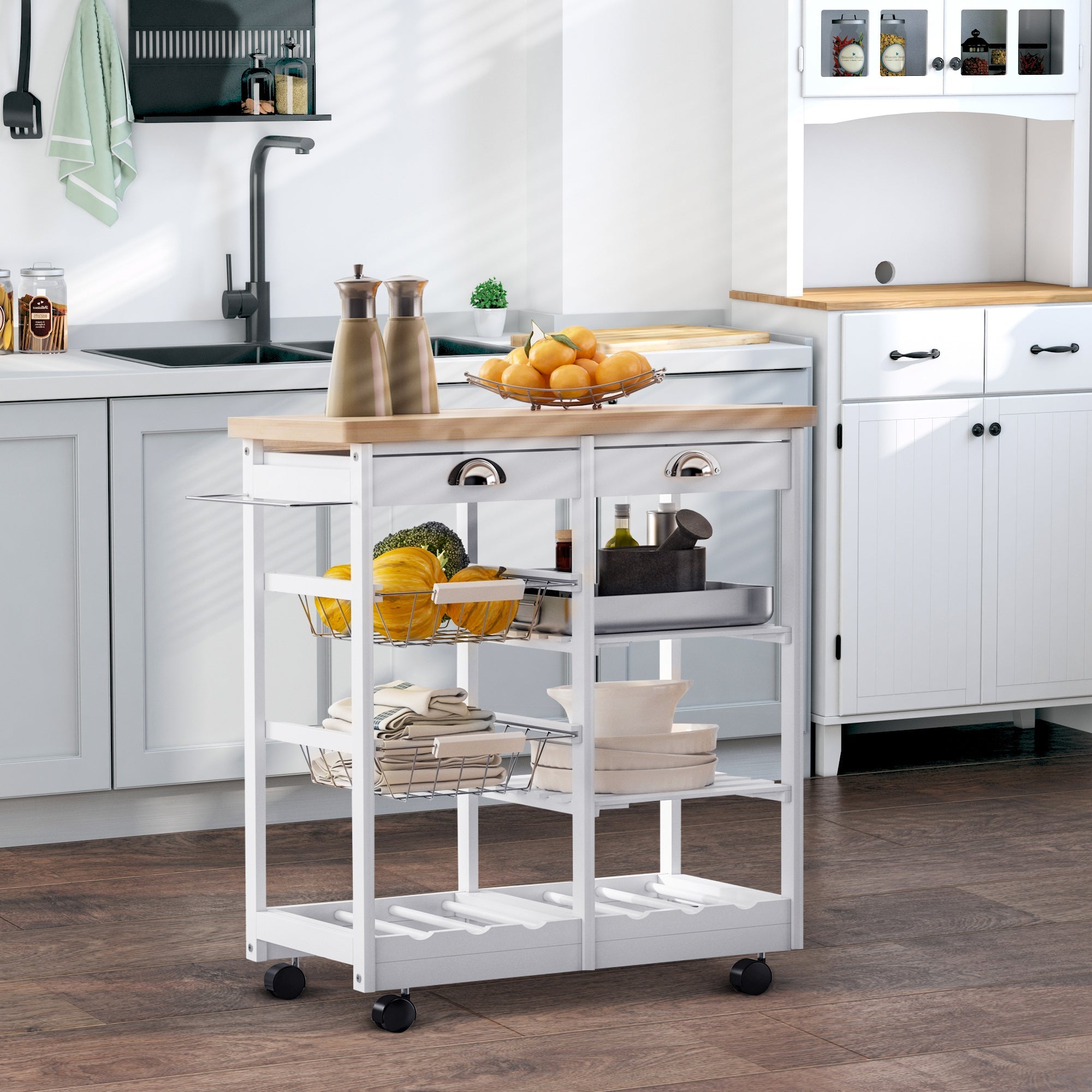 Rolling Kitchen Island Trolley Serving Cart Wheeled Storage Cabinet w/ Basket Shelves and Drawers White Kitchen Islands & Kitchen Carts   at Gallery Canada