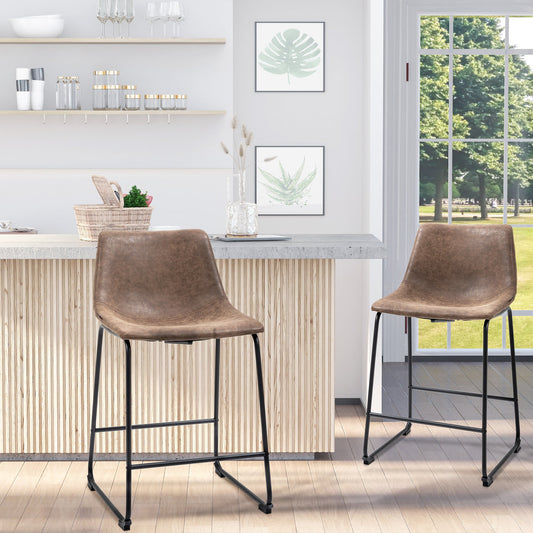 Counter Height Bar Stools Set of 2, Vintage PU Leather Bar Chairs, Kitchen Stools w/ Footrest for Home Bar, Brown Bar Stools Brown  at Gallery Canada