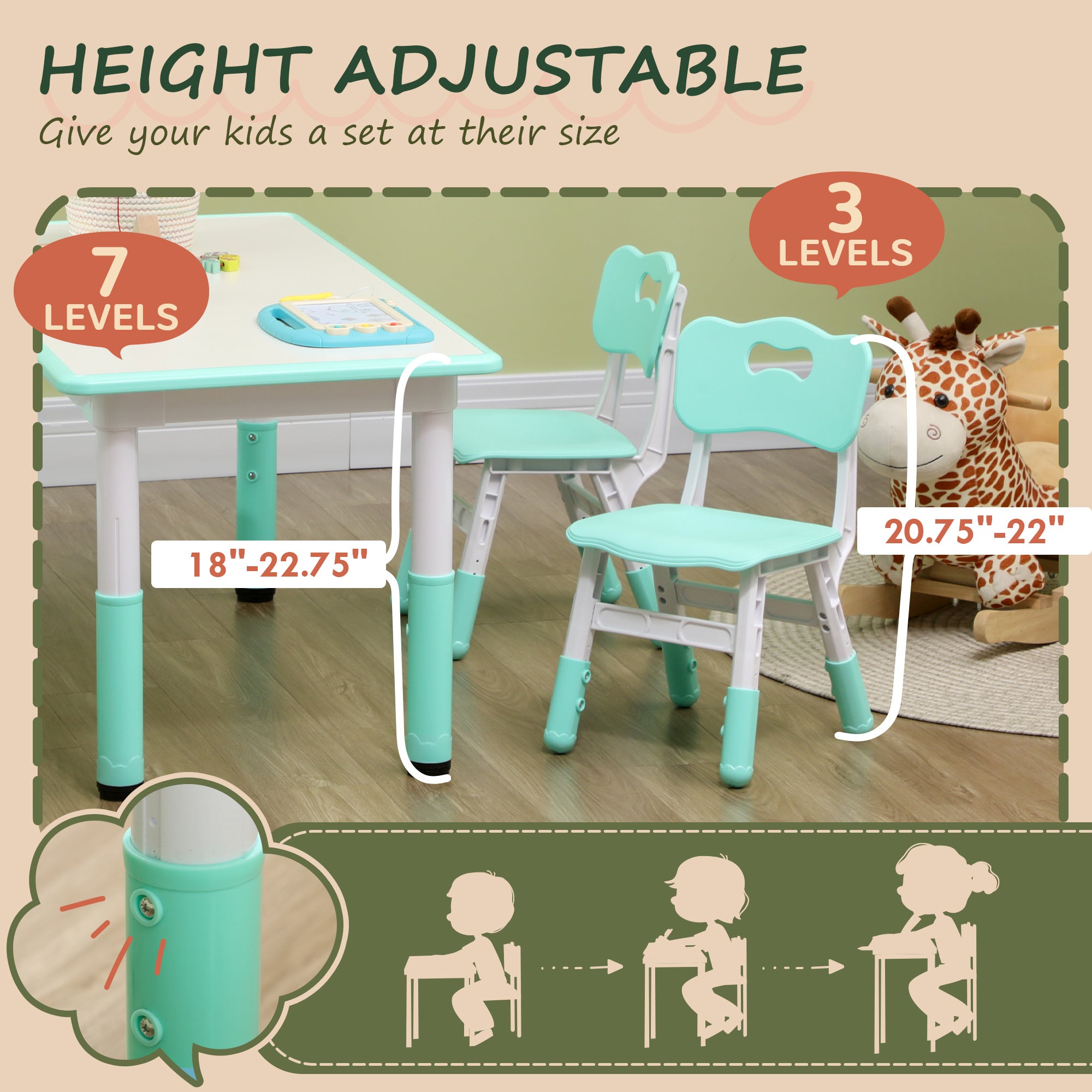 Kids Table and Chair Set with 4 Chairs, Adjustable Height, Easy to Clean, for 1.5 - 5 Years Old, Green Kids Table Sets at Gallery Canada
