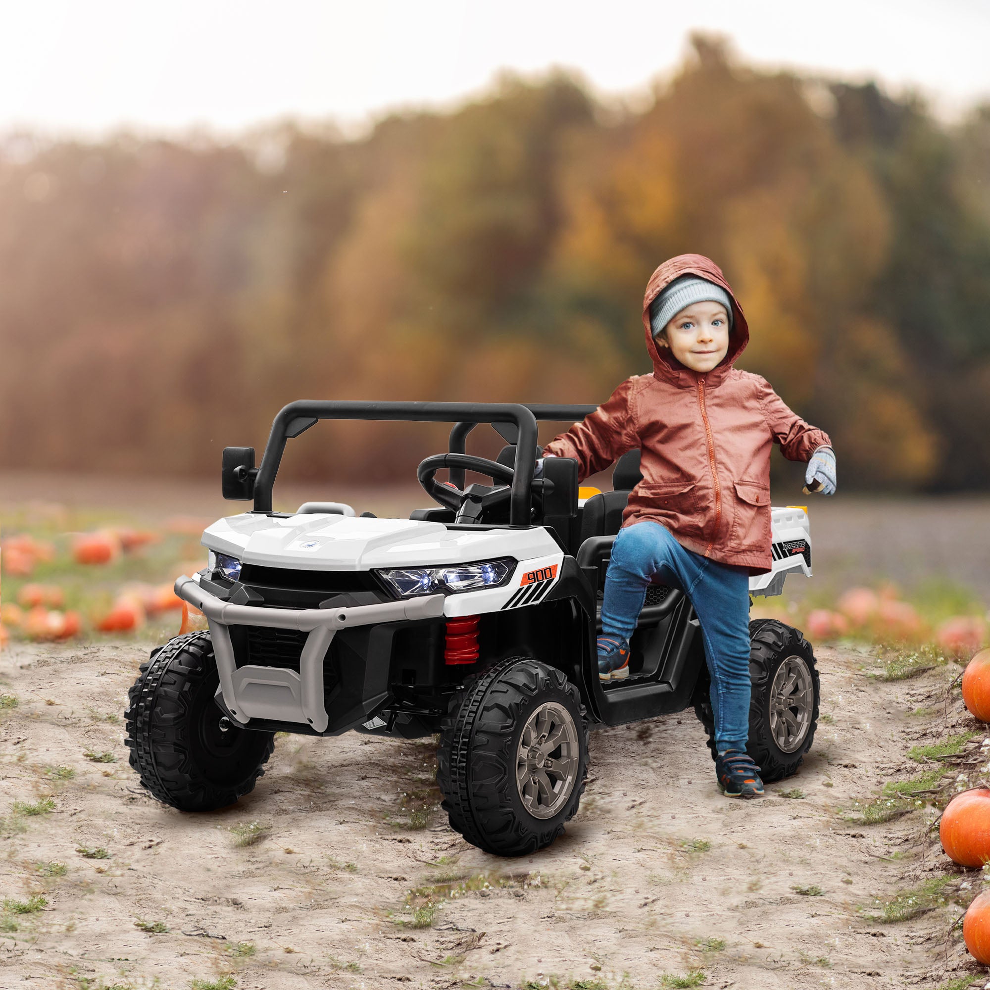 12V Ride on Car with Electric Bucket, Two-Seater, Shovel, Remote Control, Spring Suspension, Horn, Music, White Electric Toy Cars Multi Colour  at Gallery Canada