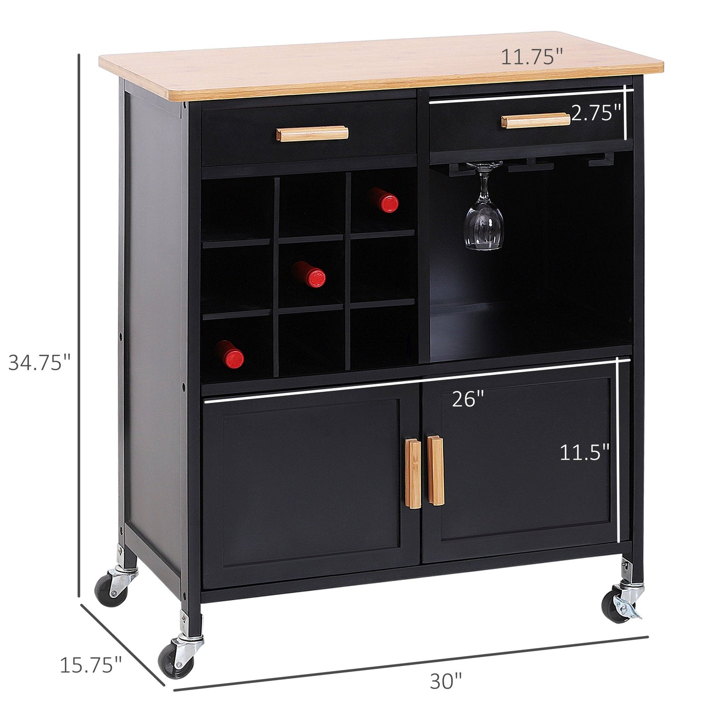 Portable Kitchen Trolley with Bamboo Top Storage Cabinet and Wine Rack (Black ) Kitchen Islands & Kitchen Carts   at Gallery Canada