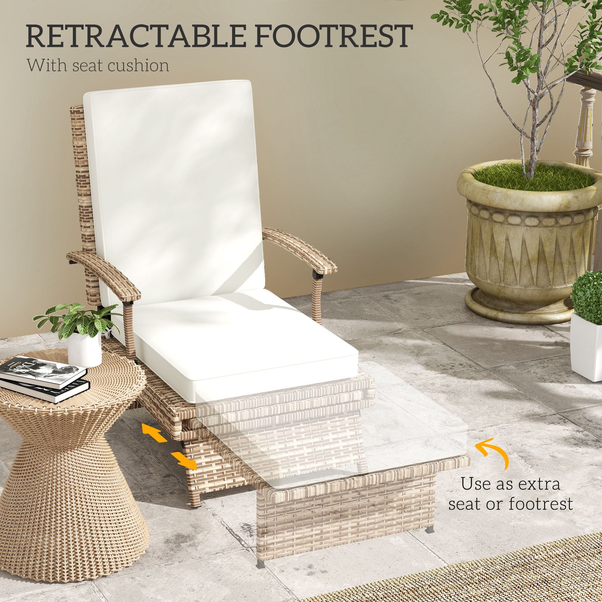 Outdoor Wicker Foldable Recliner Chair with Retractable Footrest, Cushion, White Chaise Loungers   at Gallery Canada