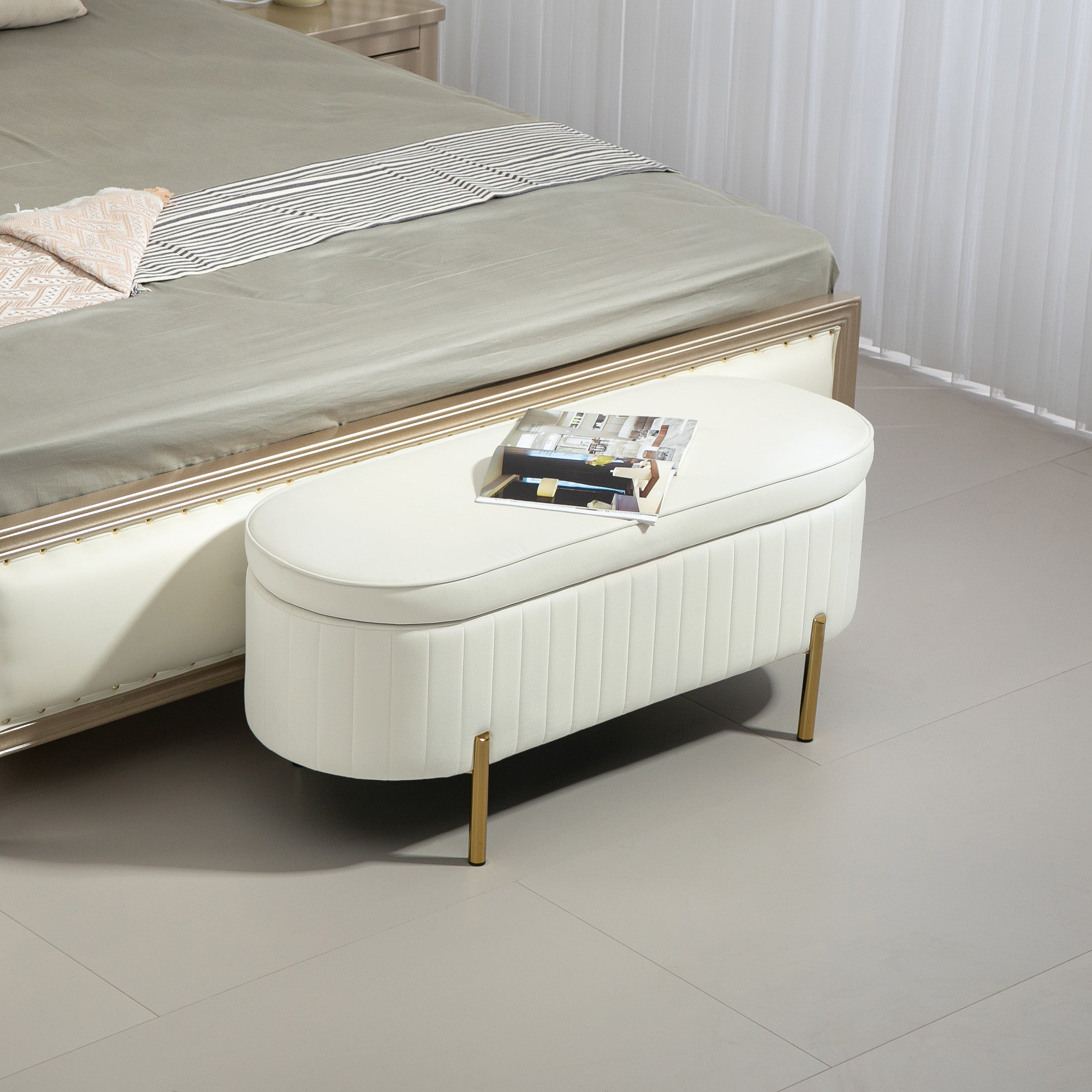 Upholstered Bedroom Bench, Channel Tufted Ottoman Bench with Thick Padding and Metal Legs, Cream White Storage Ottomans & Benches at Gallery Canada