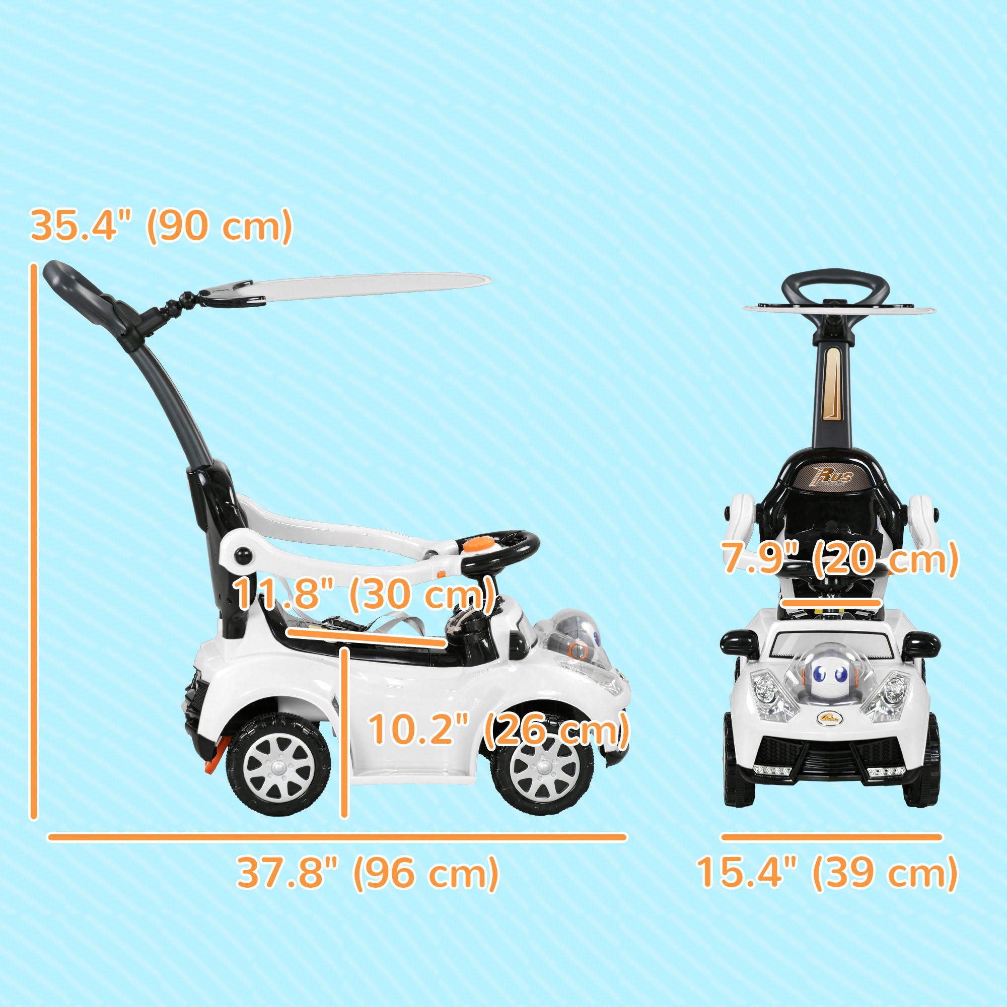3 in 1 Kids Push Car Toddler Sliding Car, Foot to Floor Design with Music, Light, Handle, Removable Canopy, White Push Cars for Toddlers at Gallery Canada
