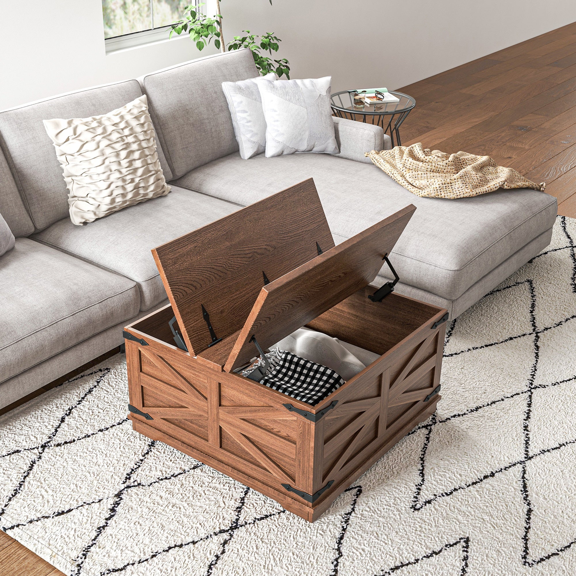 Farmhouse Coffee Table, Square Center Table with Flip-top Lids, Hidden Storage Compartment, Brown Coffee Tables at Gallery Canada