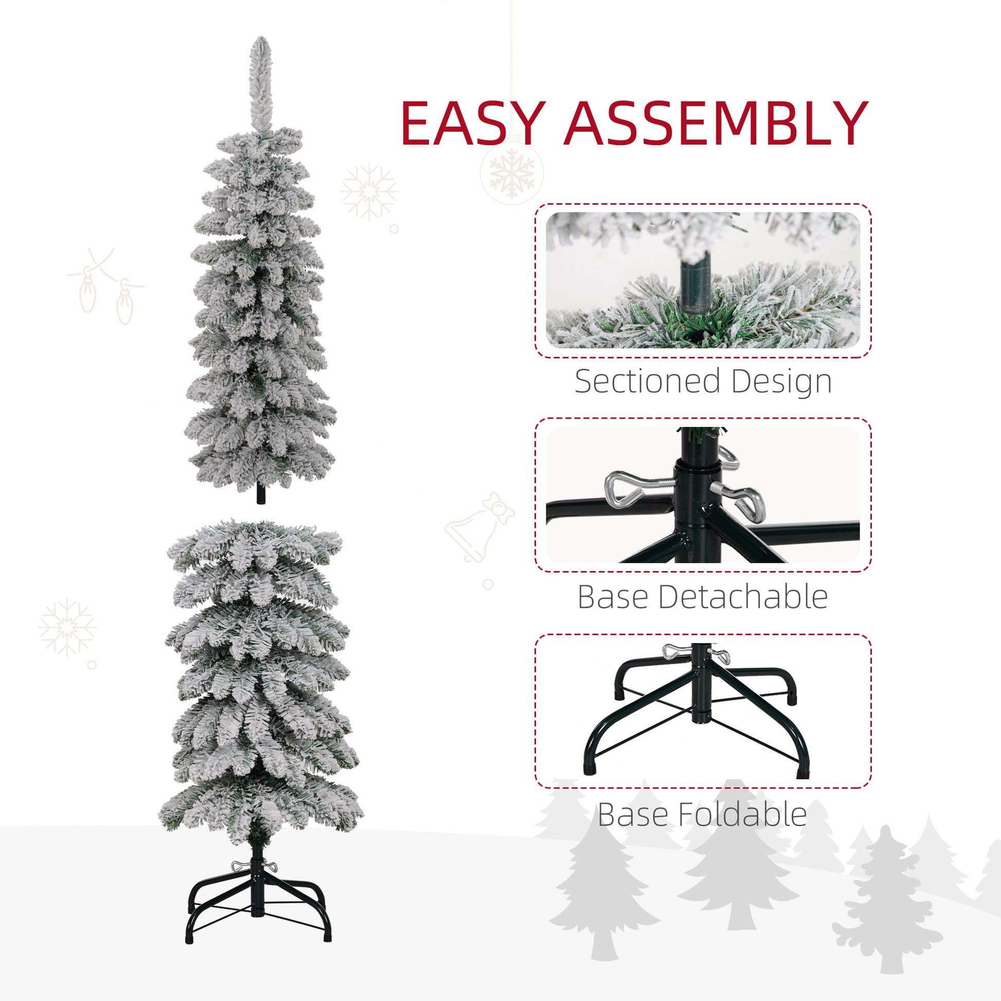 5ft Snow-Flocked Artificial Christmas Tree, Slim Pencil Xmas Tree with 301 Realistic Branches, Metal Base, Green Pencil Christmas Trees at Gallery Canada