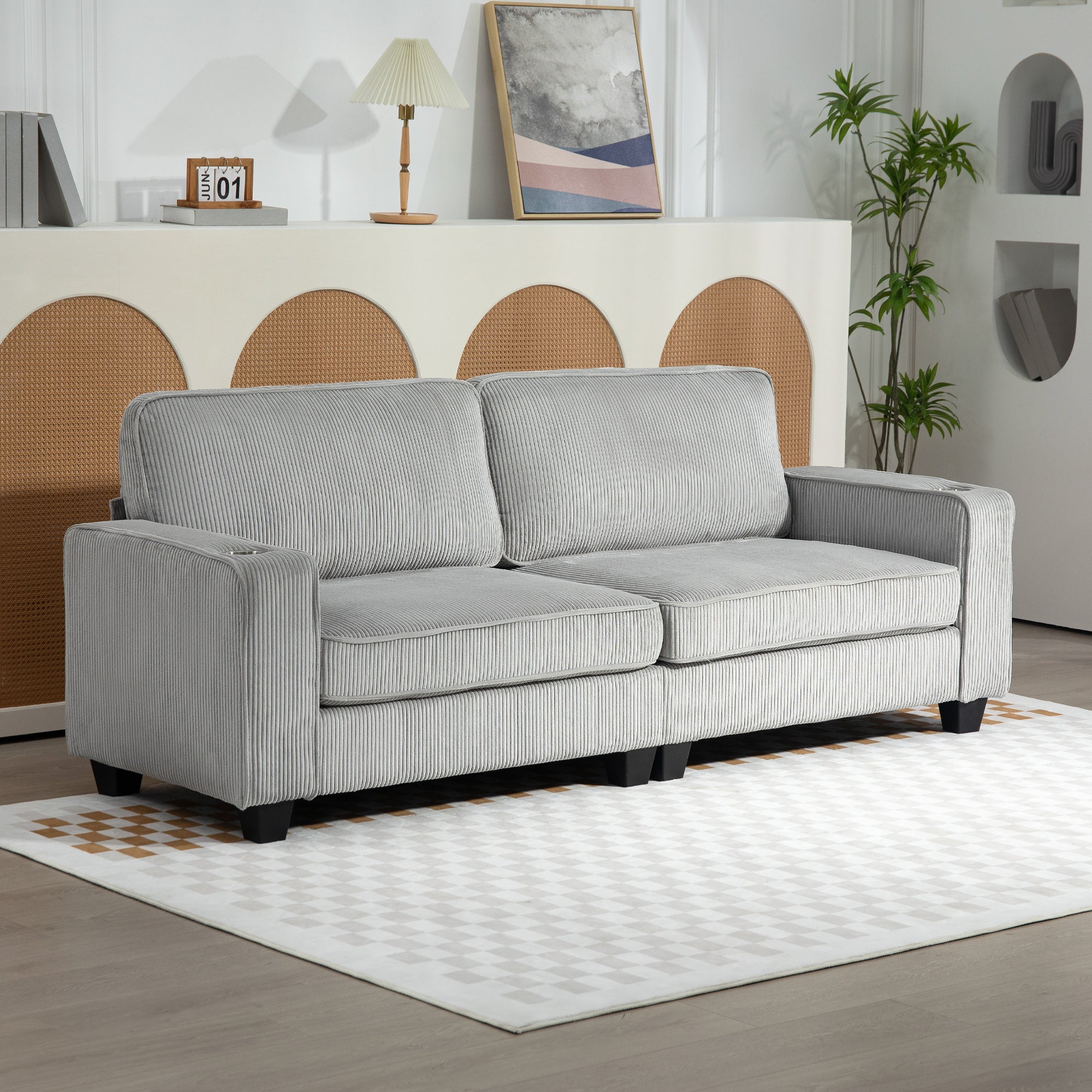 Three Seater Sofa, Fabric 3 Seater Couch with Spring Cushion and Cup Holders for Living Room, Bedroom, Light Grey 3-Seater Sofas at Gallery Canada