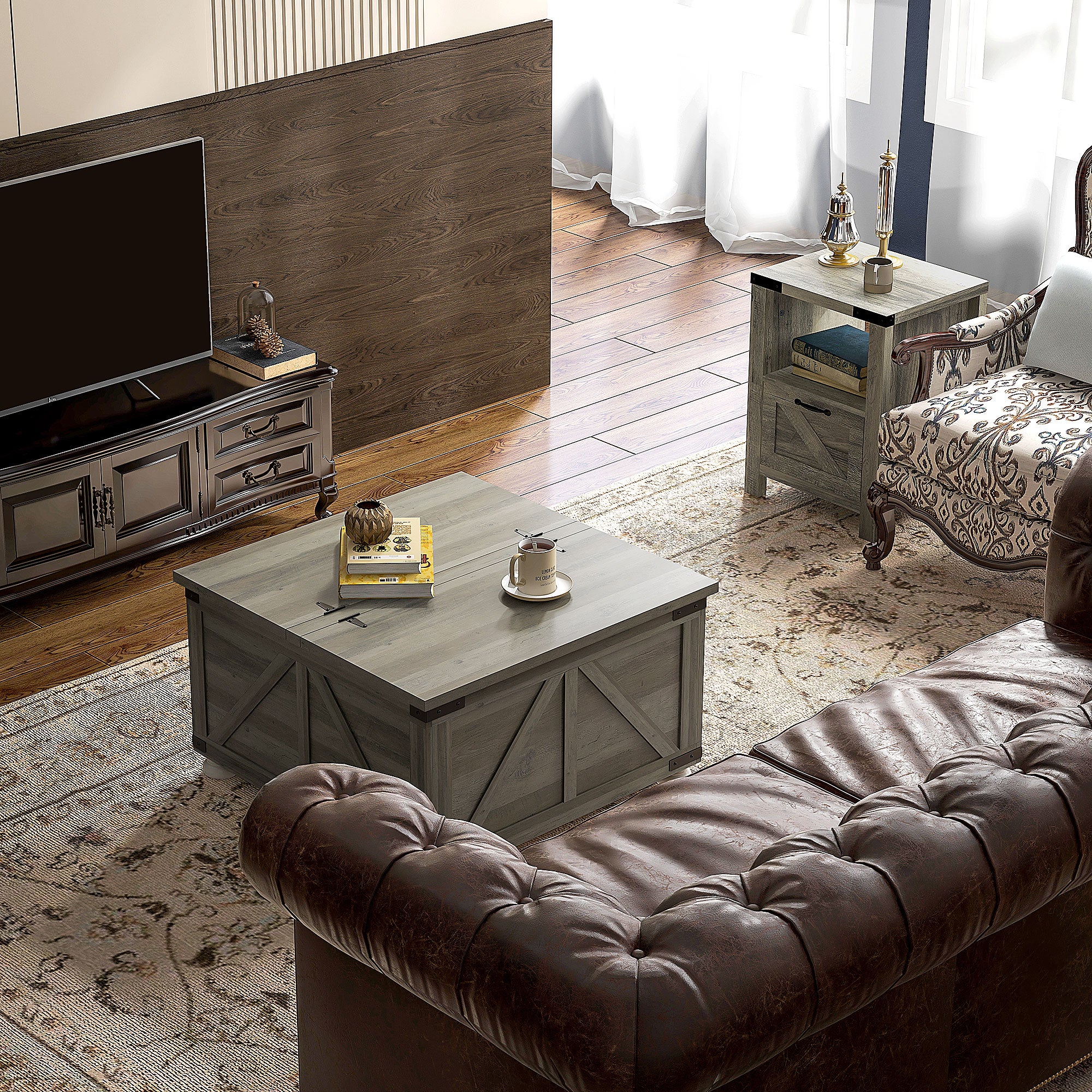 Farmhouse Coffee Table, Square Center Table with Flip-top Lids, Hidden Storage Compartment and Wooden Legs, Grey Coffee Tables   at Gallery Canada