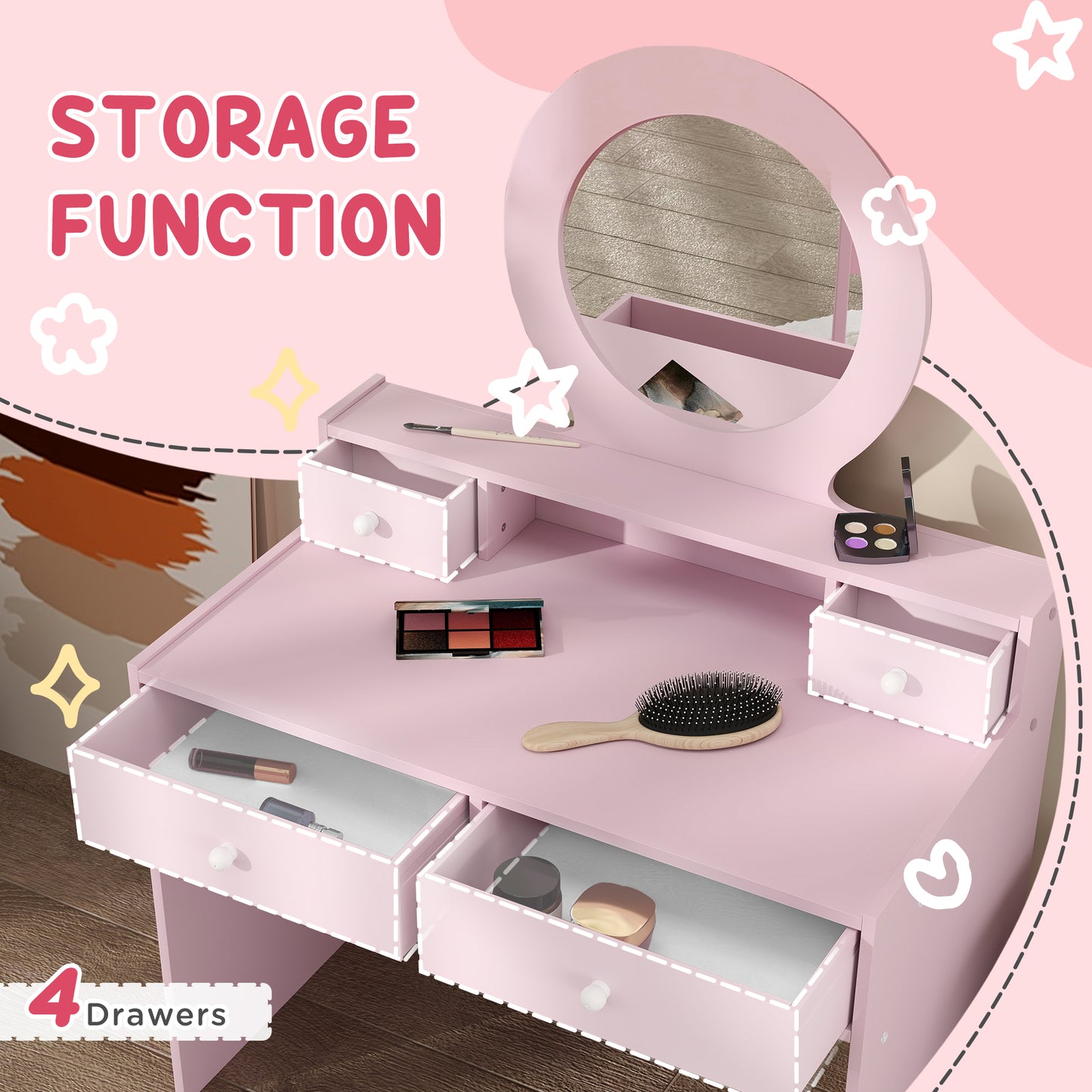 Kids Vanity Set, Children Makeup Table with Mirror, Stool and Storage Drawers, for Ages 3-8, Pink Toy Vanity   at Gallery Canada